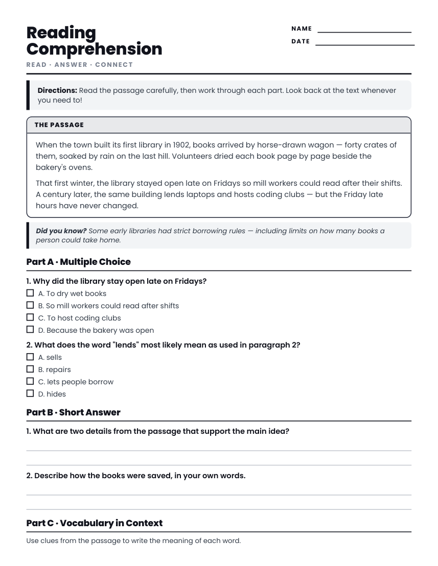 Grades 3-5 reading comprehension worksheet preview