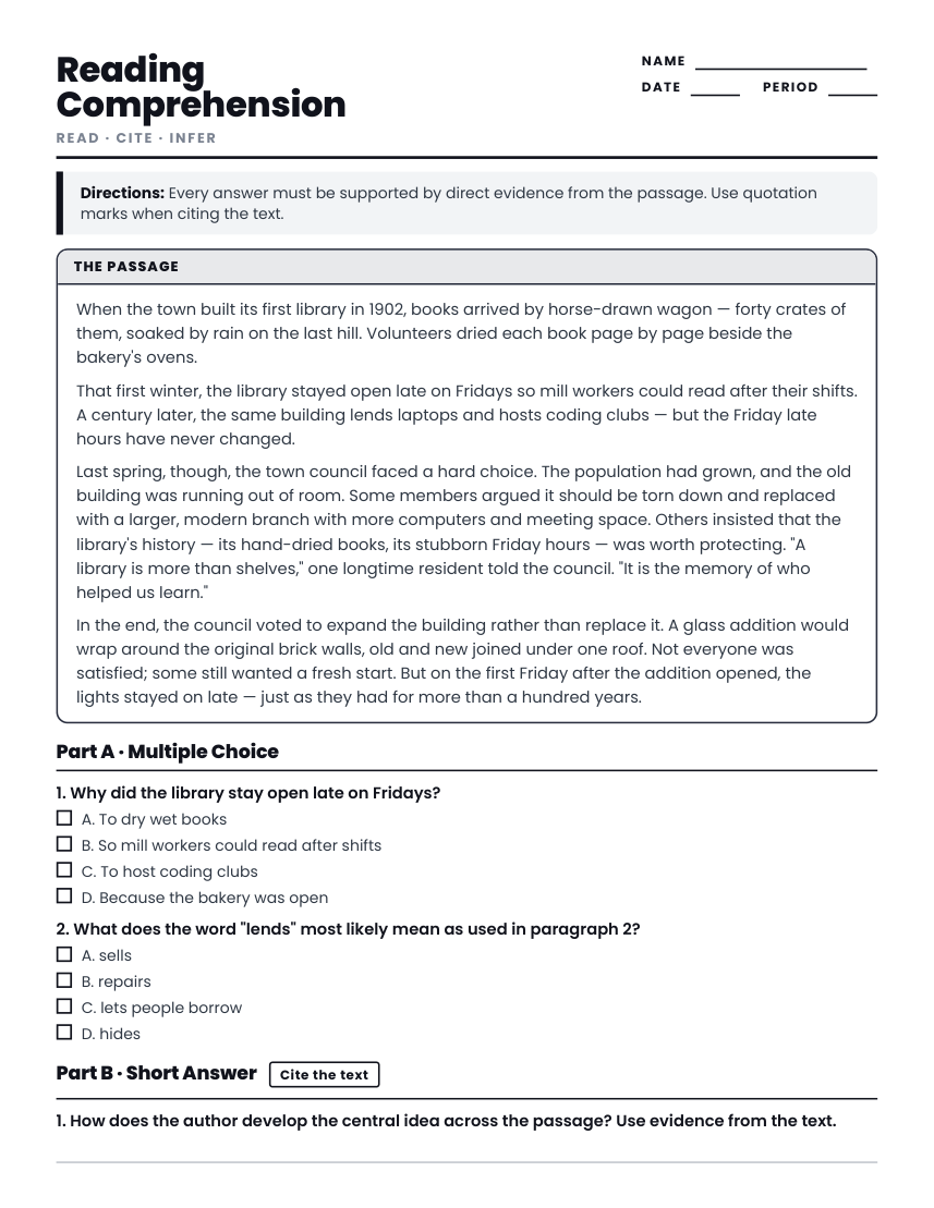 Grades 6-8 reading comprehension worksheet preview