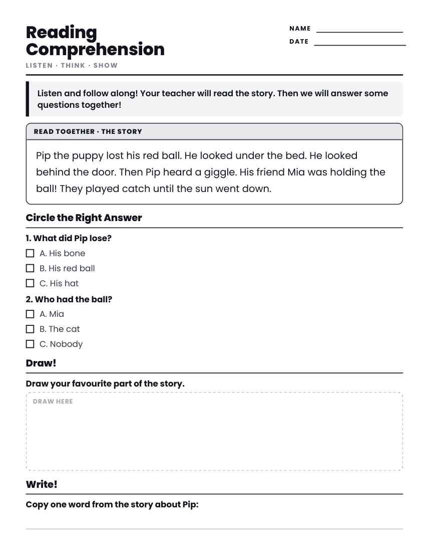 Kindergarten reading comprehension worksheet preview