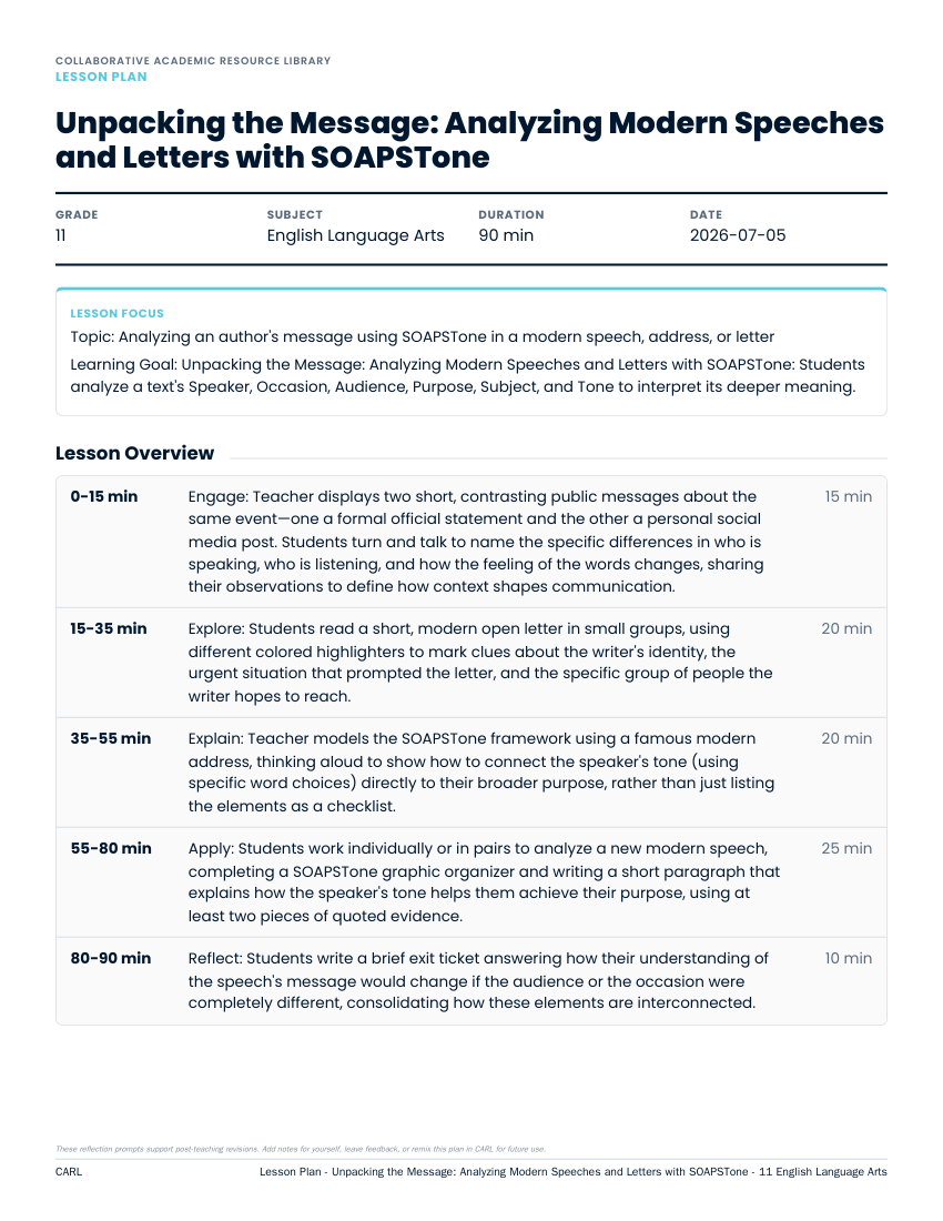 SOAPSTone rhetorical analysis Grade 11 ELA lesson set preview