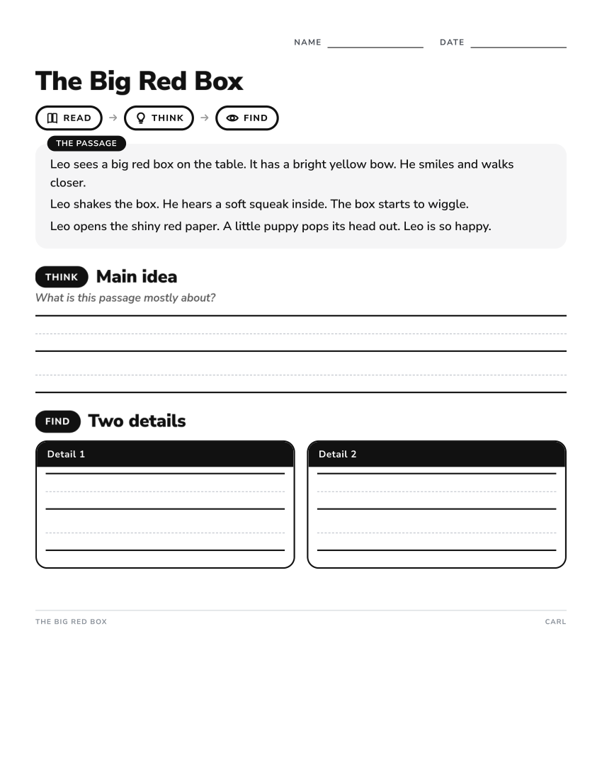 The Big Red Box reading worksheet preview