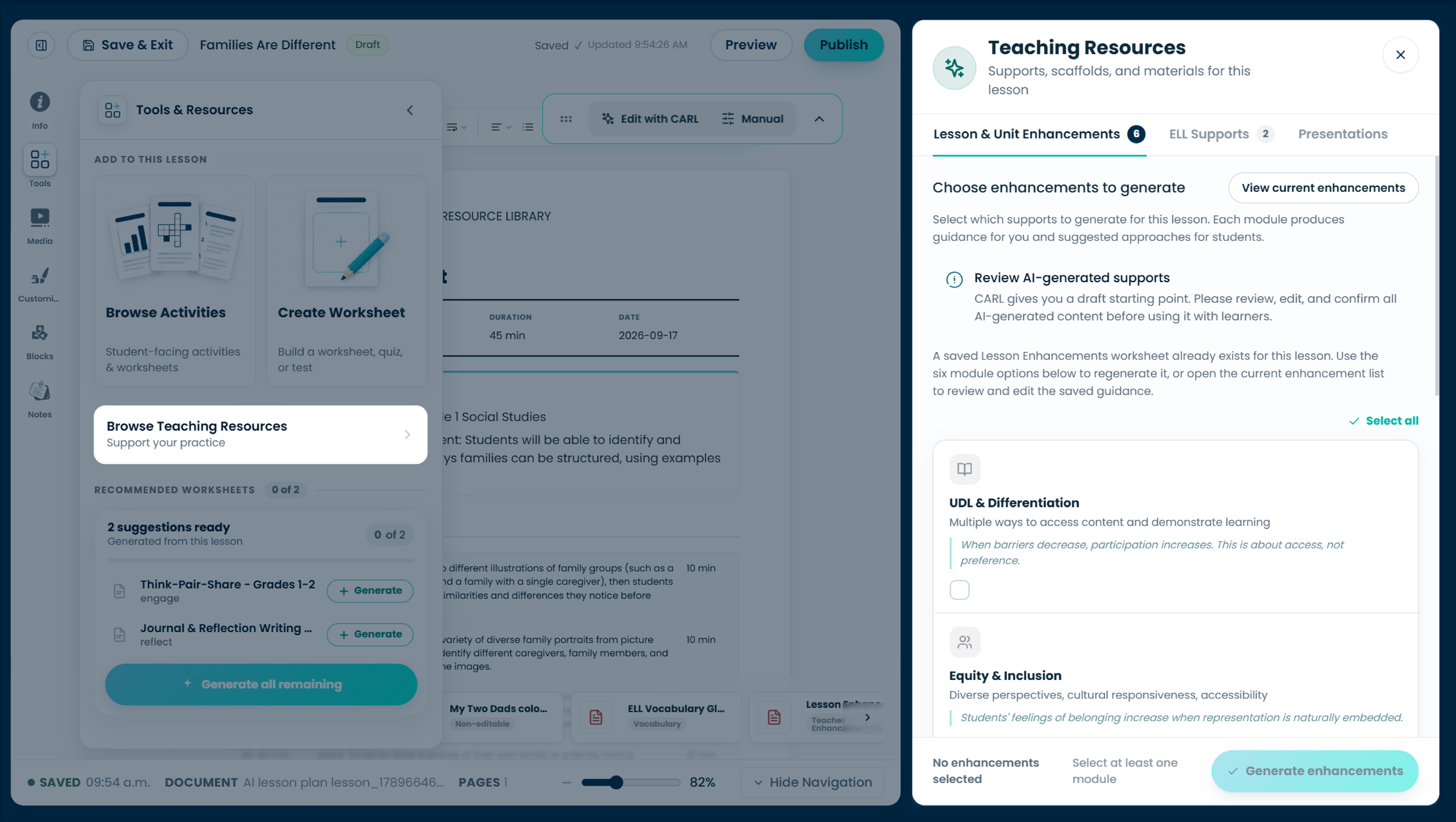 Tools with Browse Teaching Resources open, beside the Teaching Resources panel and its enhancement modules