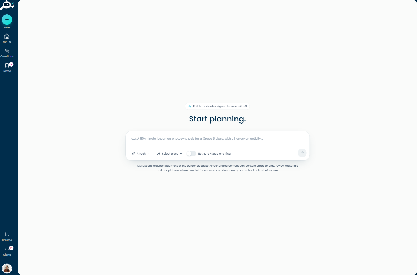 The Start planning screen, where you describe the lesson, attach a file, or pick a Saved Class Profile, then generate.