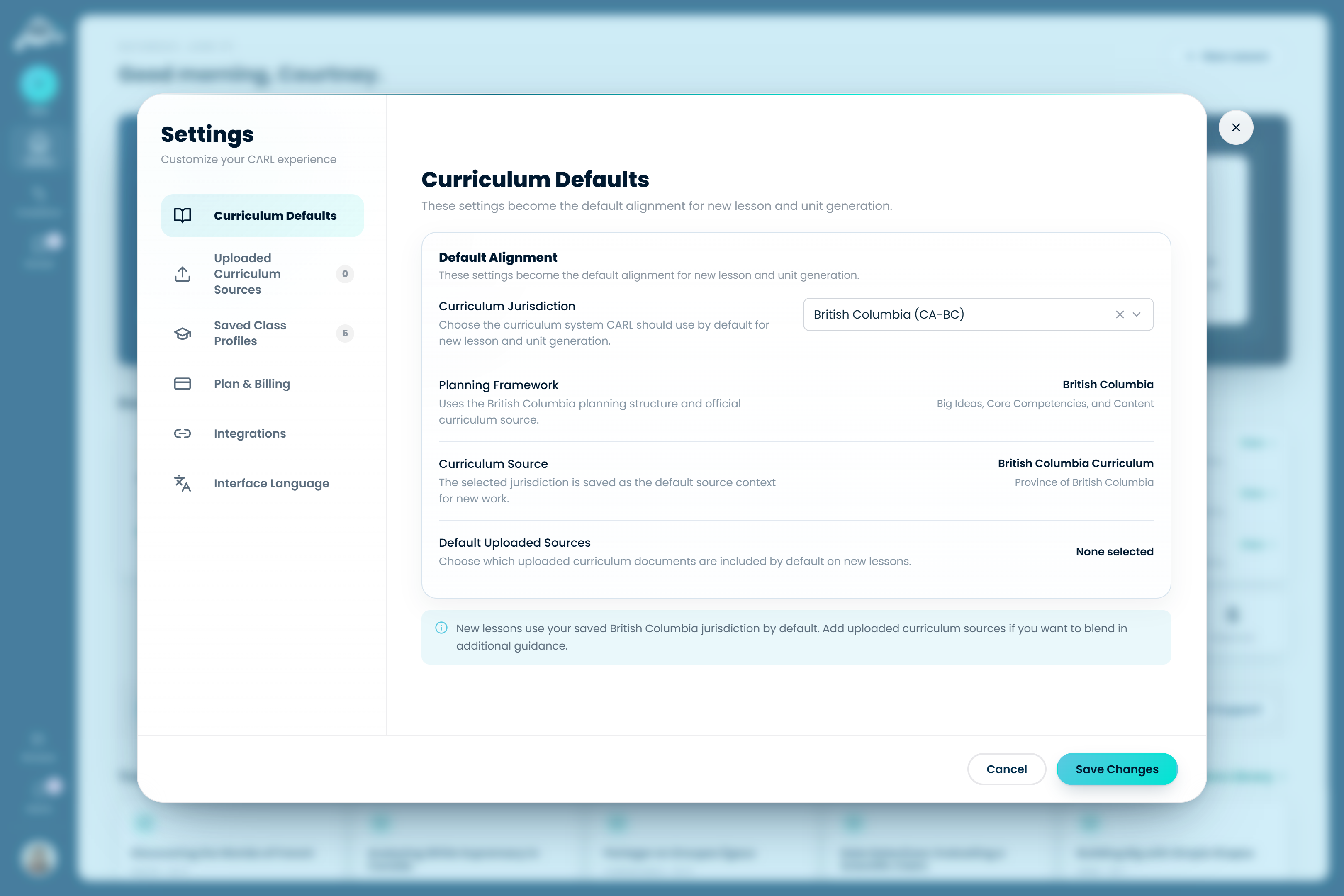The Curriculum Defaults settings screen