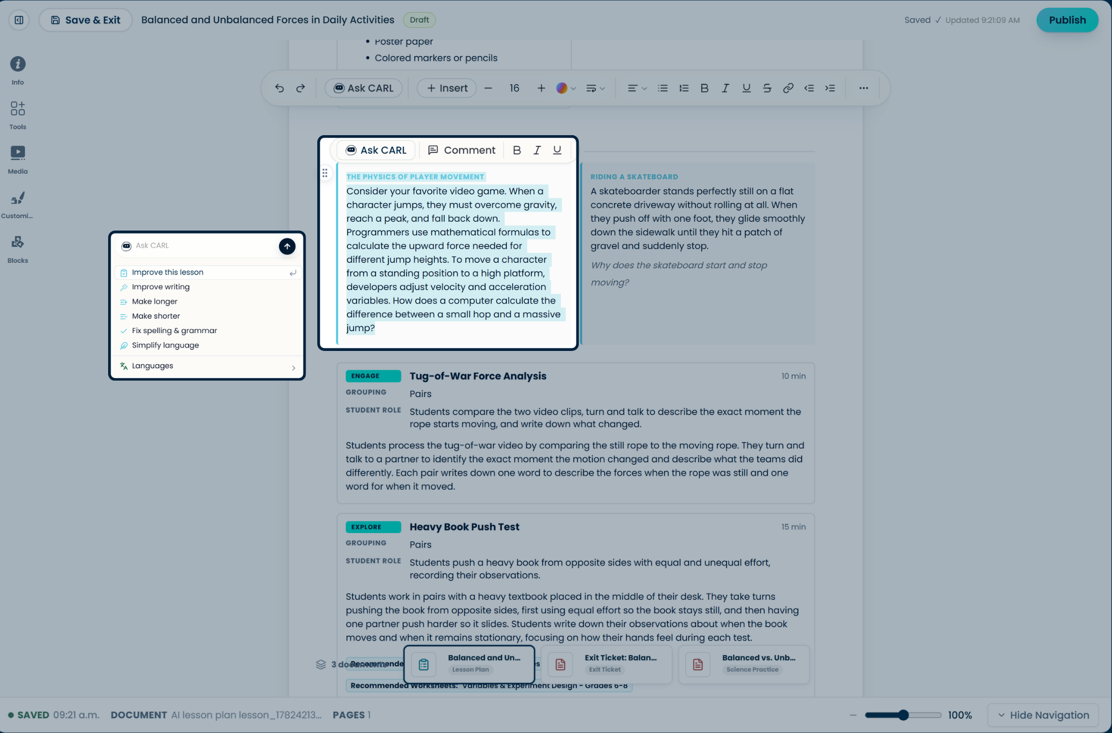 The Ask CARL popover in the editor