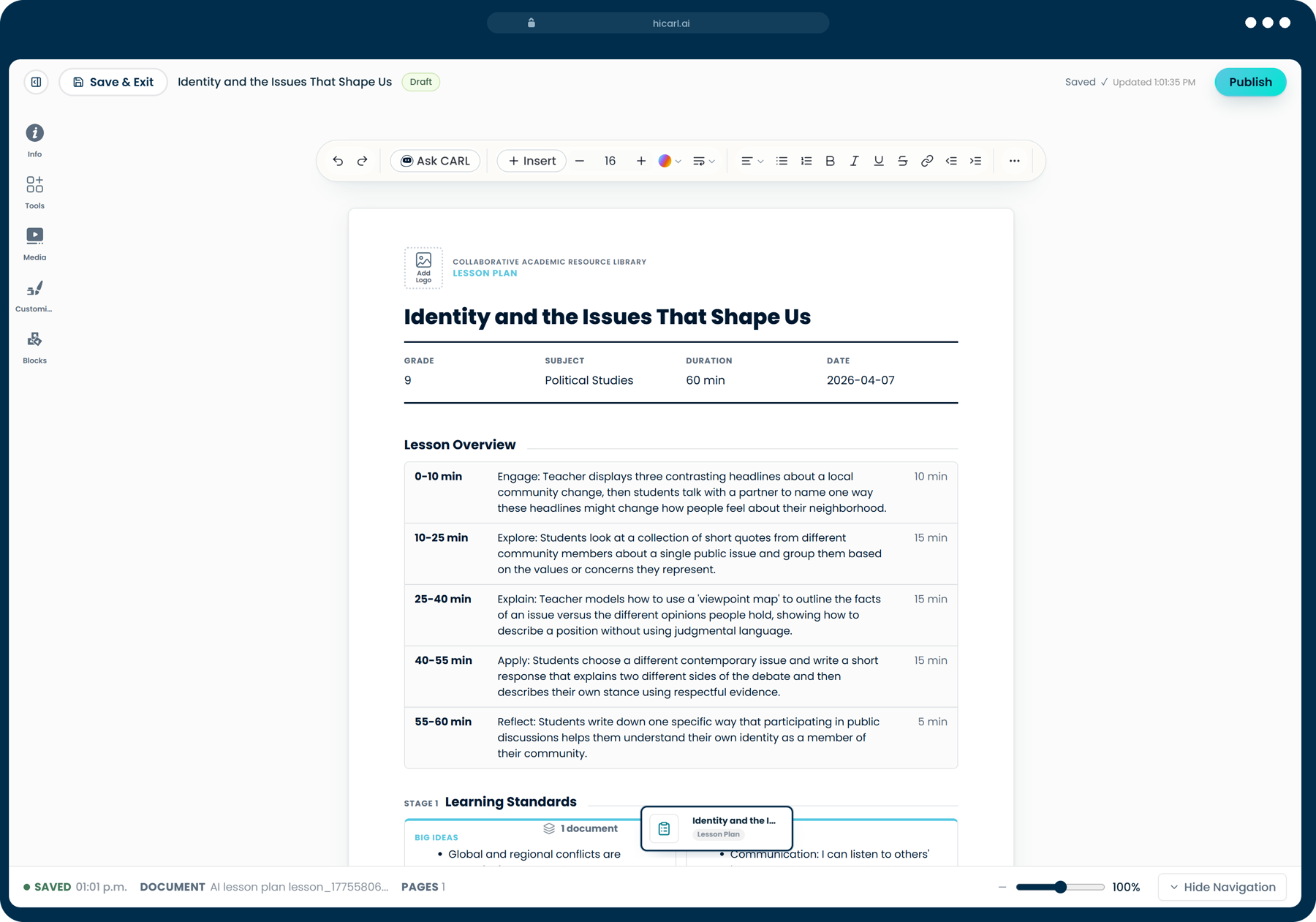 A lesson open in the CARL editor, ready to edit