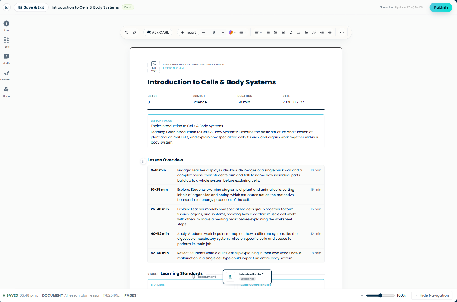 The CARL editor showing a generated lesson plan.