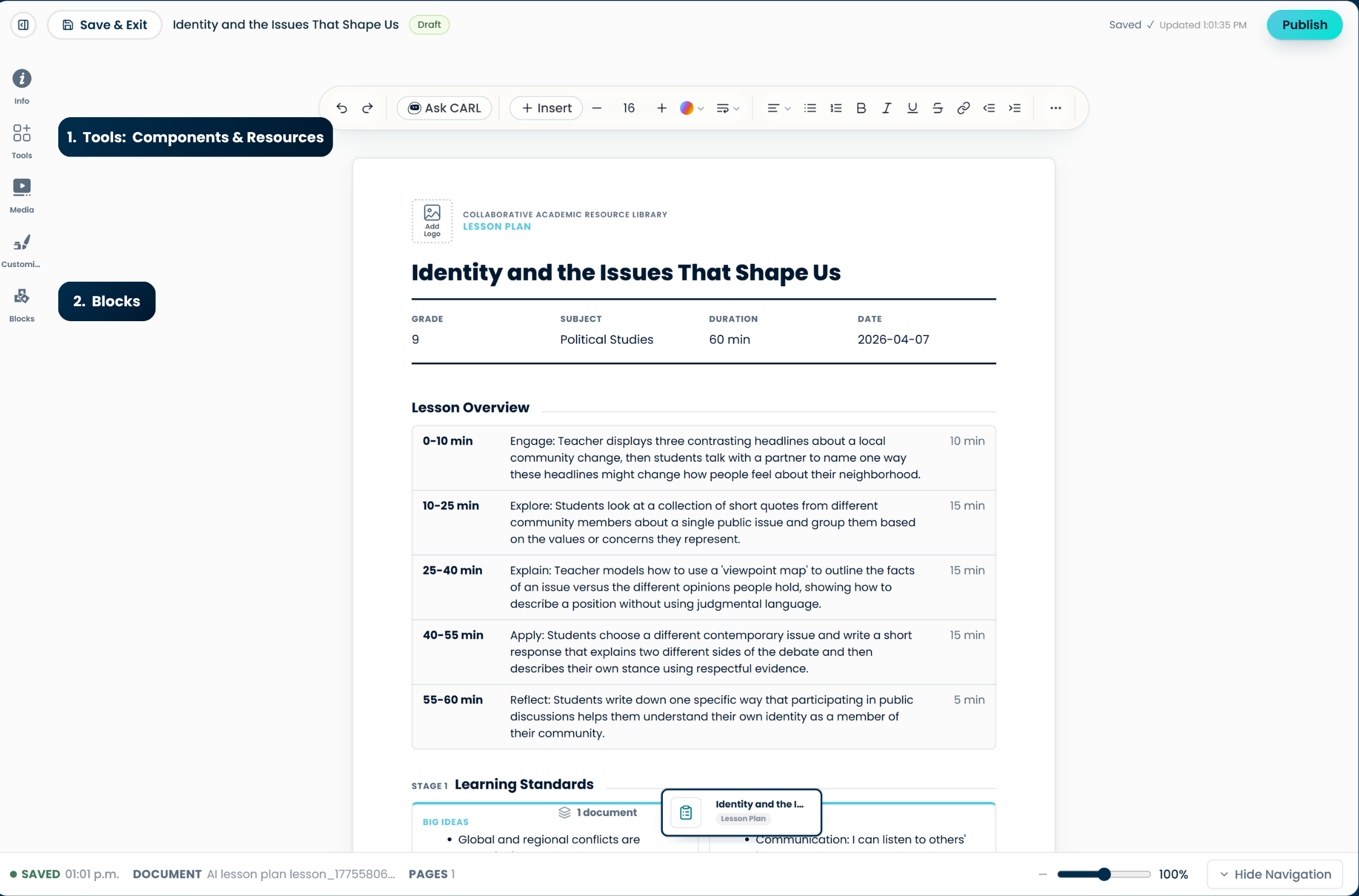The editor Tools panel with Components, Teaching Resources, and Blocks