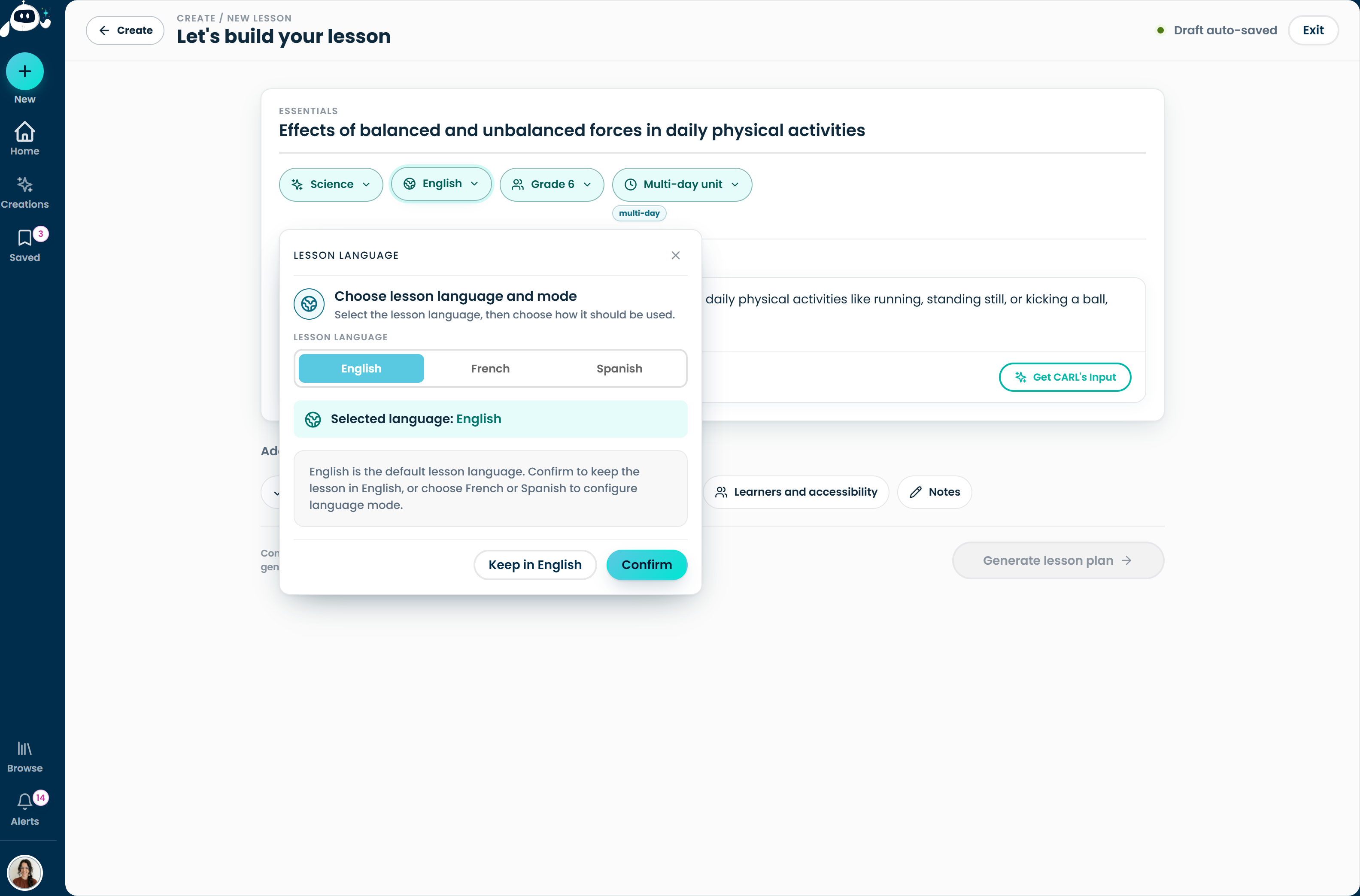 Language options on the create-lesson screen