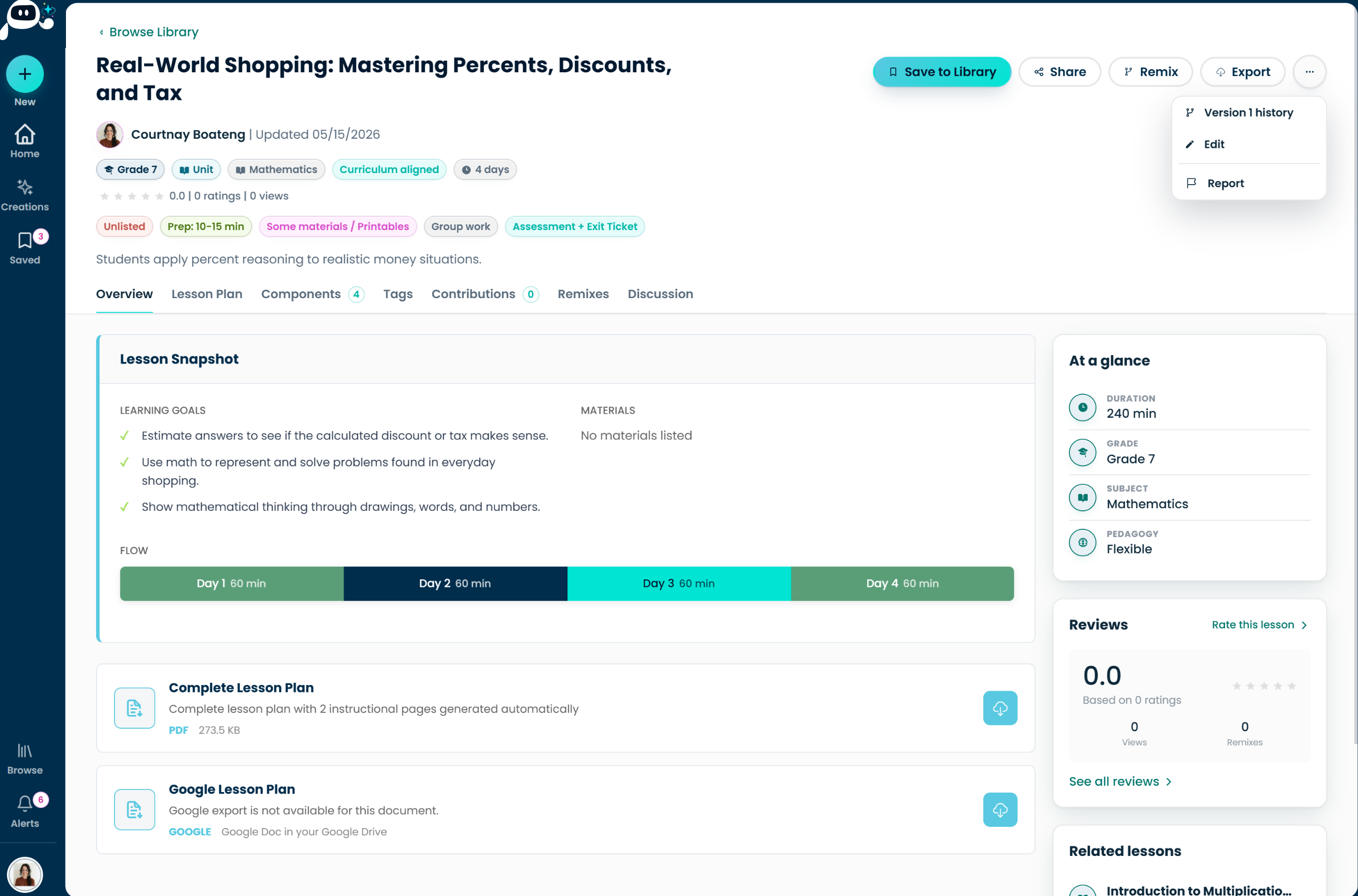 The lesson details page with download, share, and export options