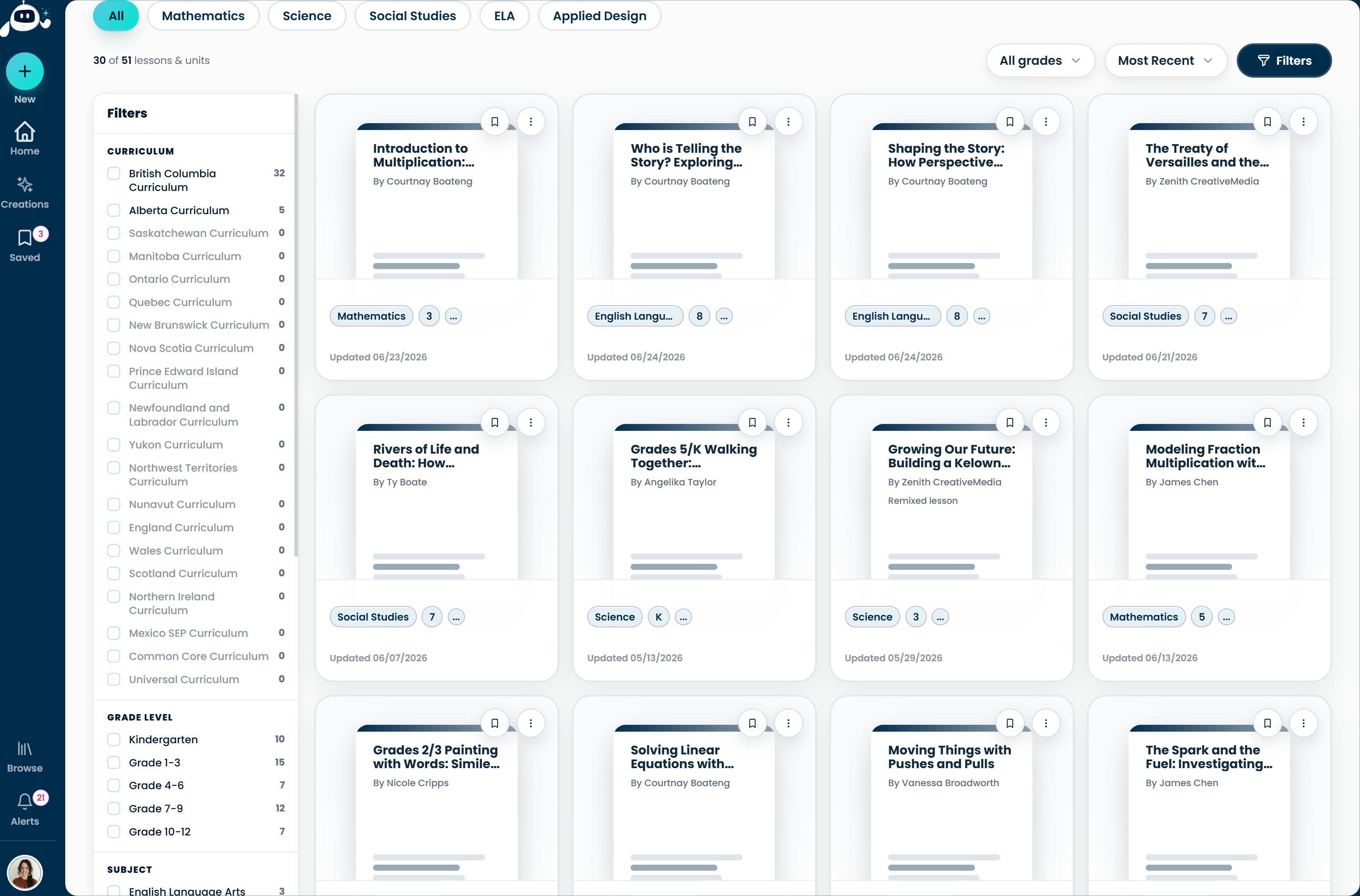 The Explore Library page with lesson cards.