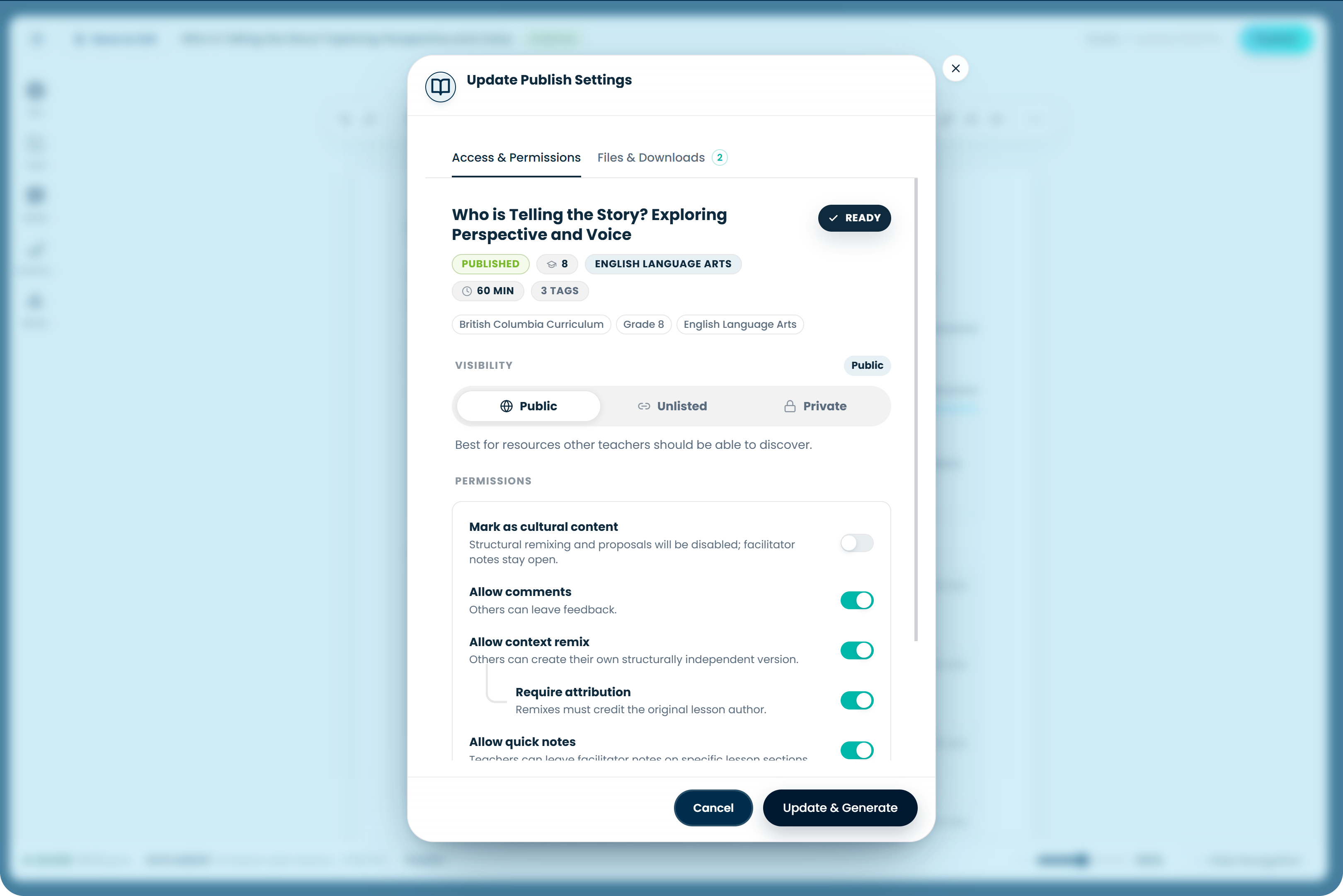The Publish Settings screen with access and download options