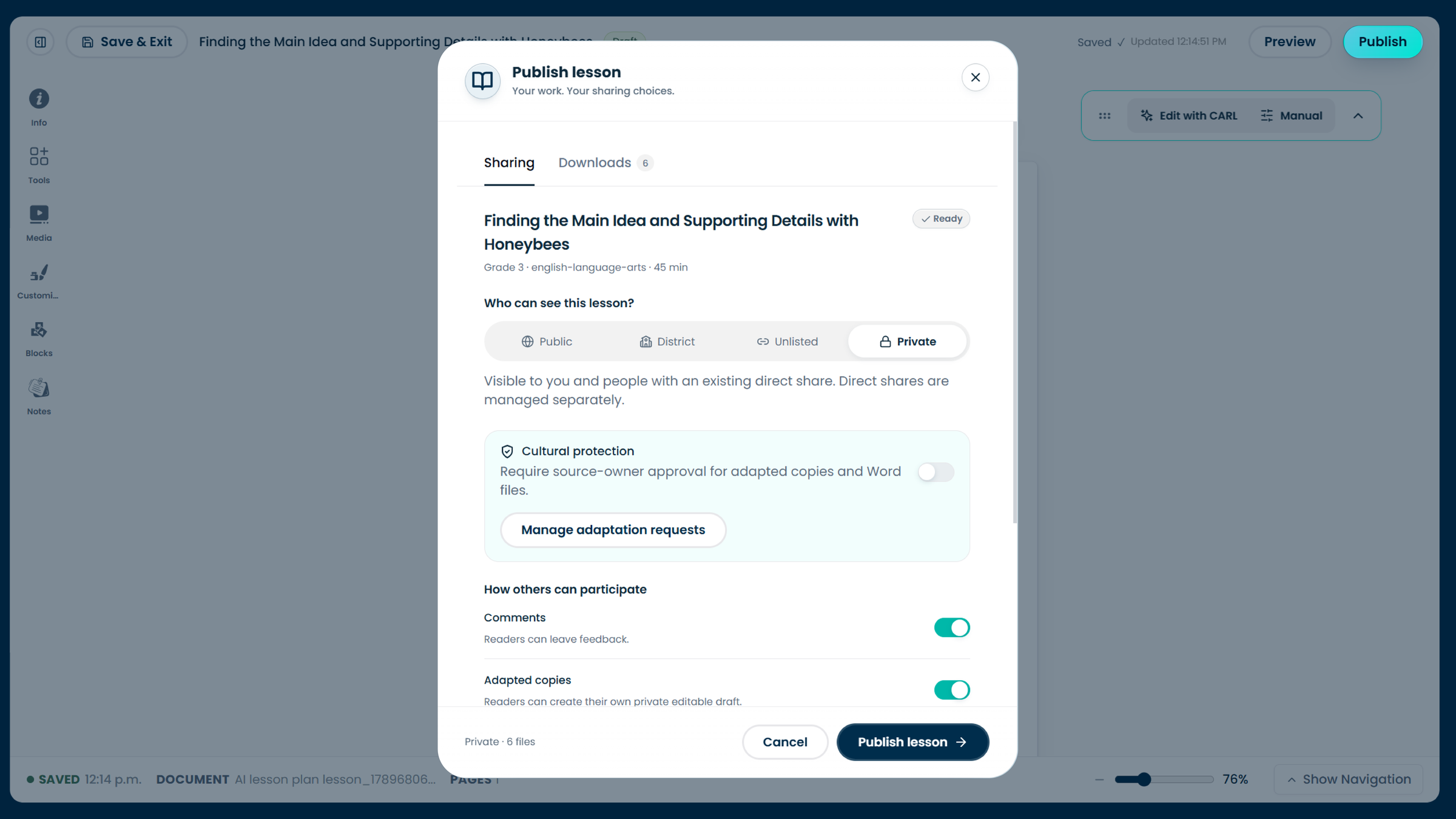 The Publish lesson dialog, on the Sharing tab, with the four visibility options
