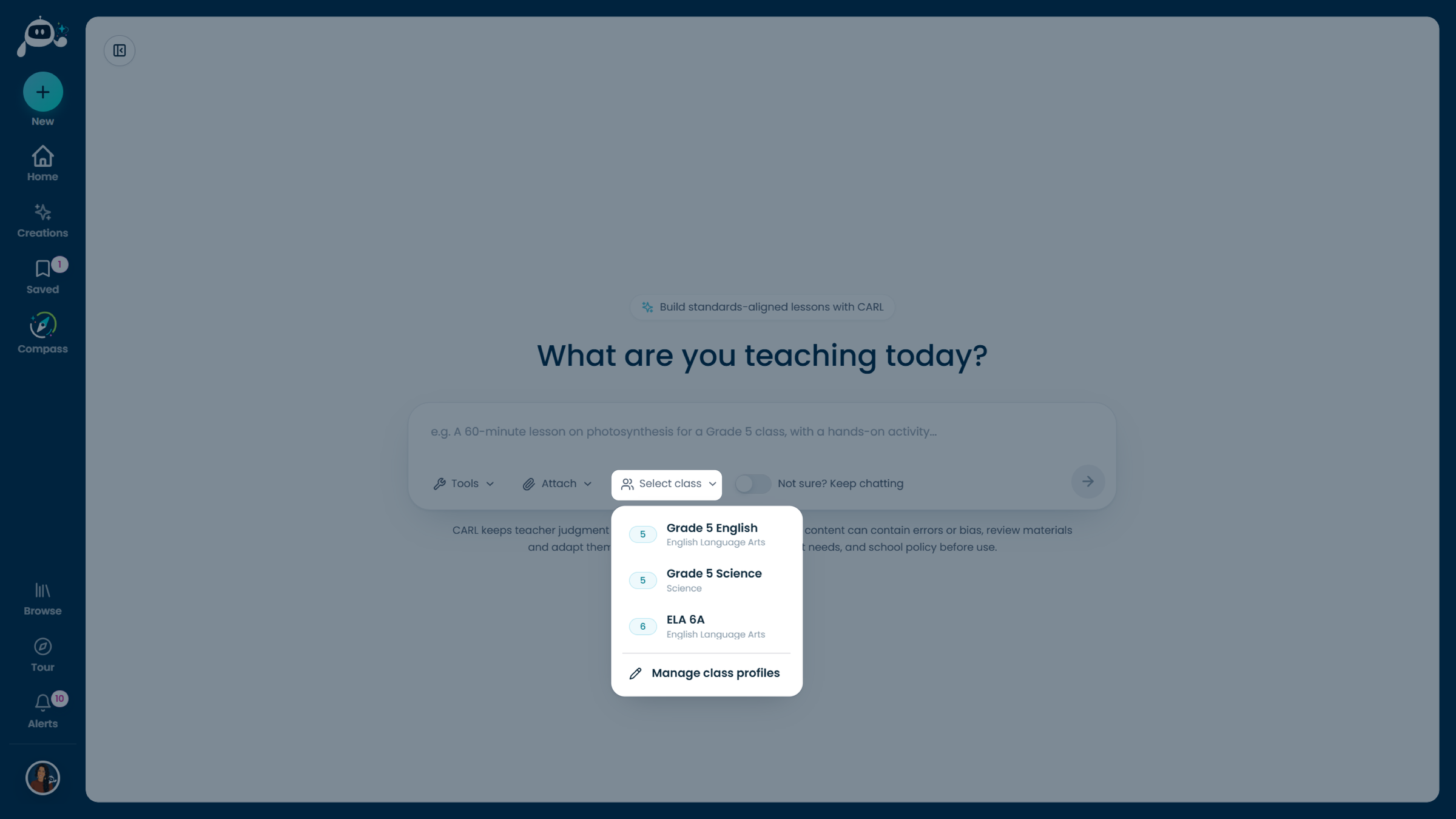 The Select class list open on the first screen, showing three saved class profiles and Manage class profiles