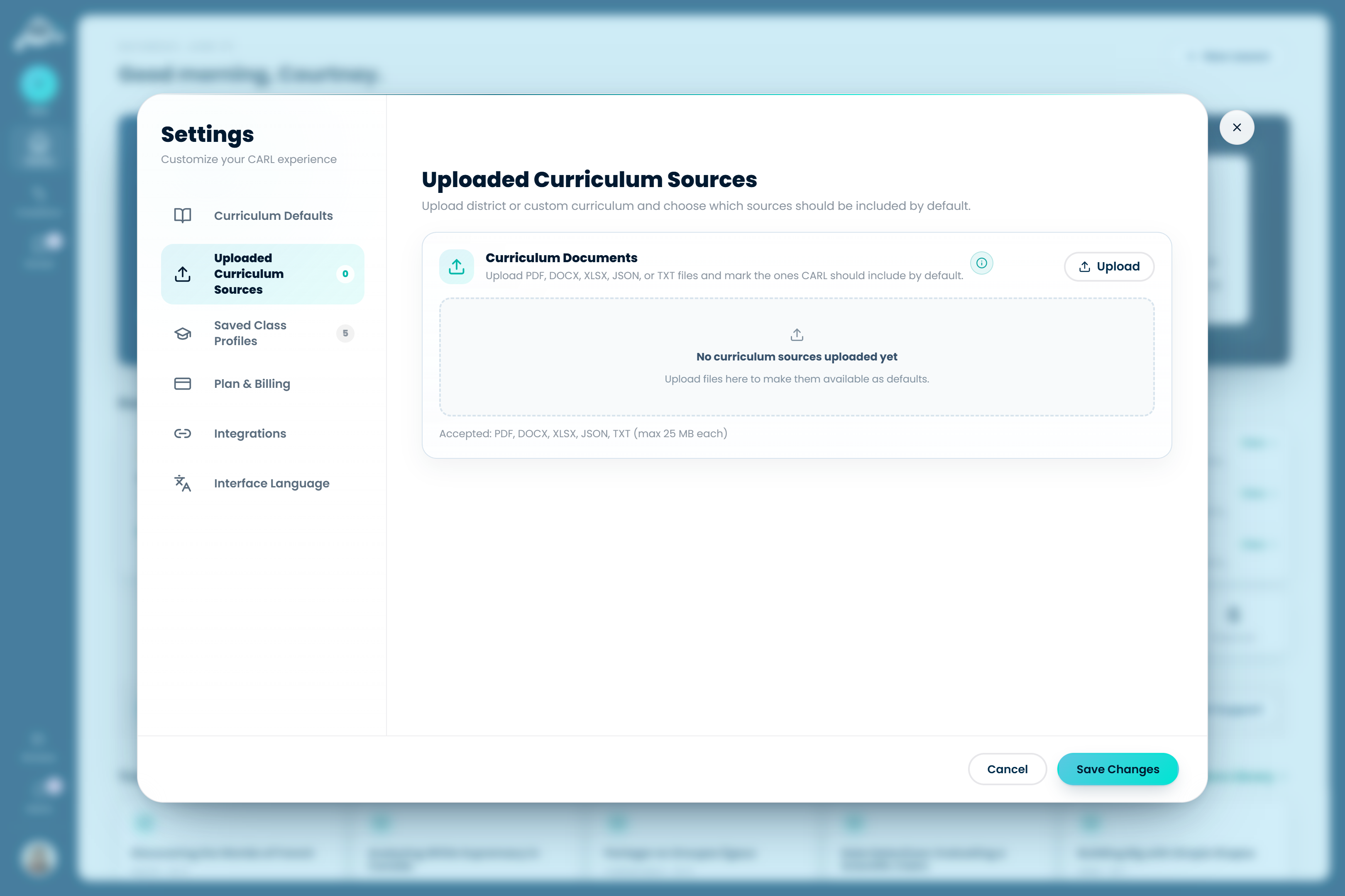 The Upload Curriculum Sources screen