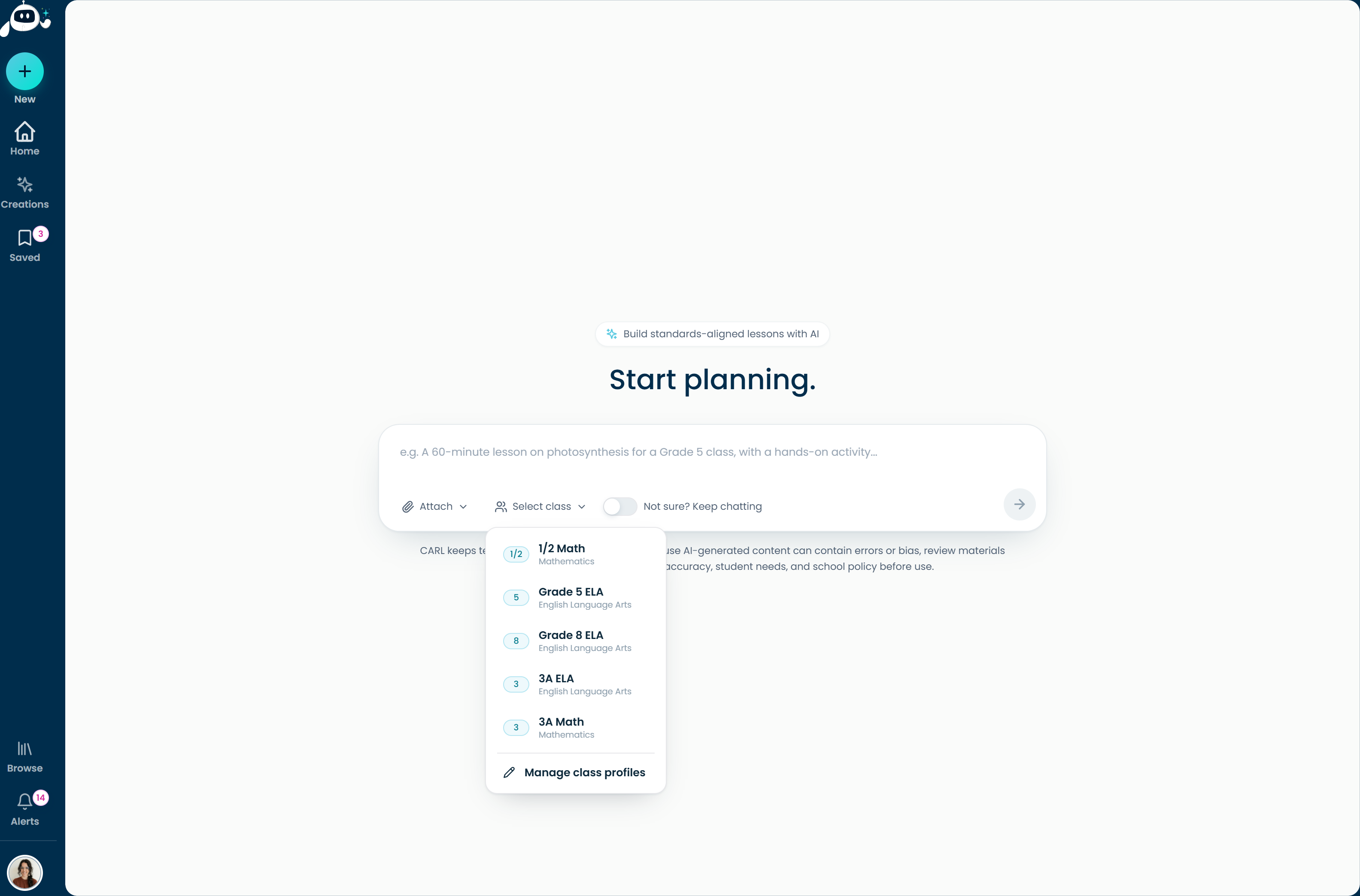 Selecting a class on the Start planning screen