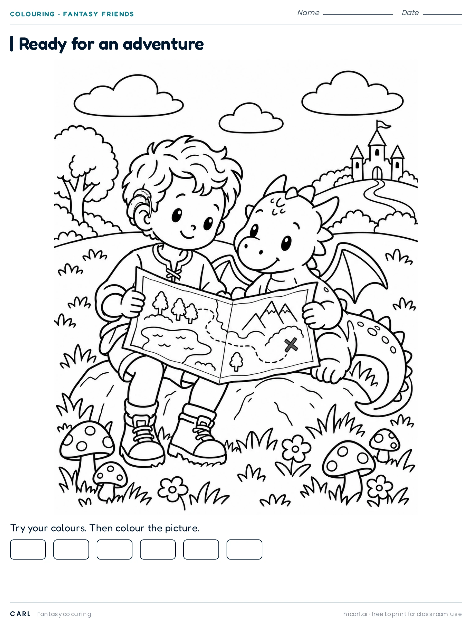 A Dragon Adventure colouring page preview