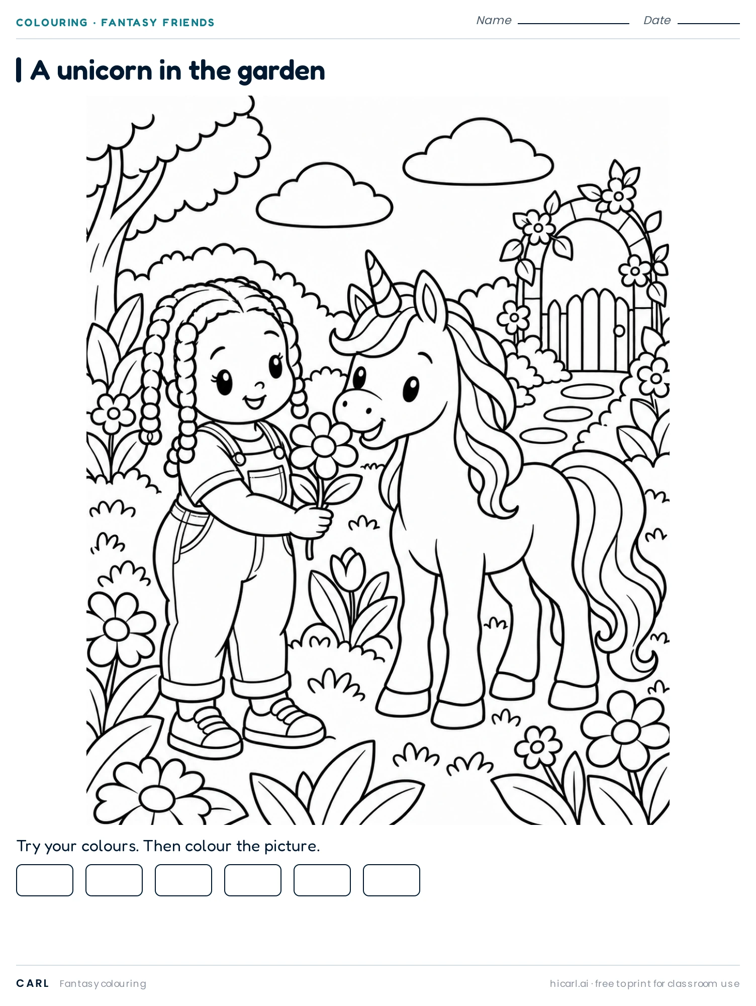 Unicorn Garden 2 colouring page preview