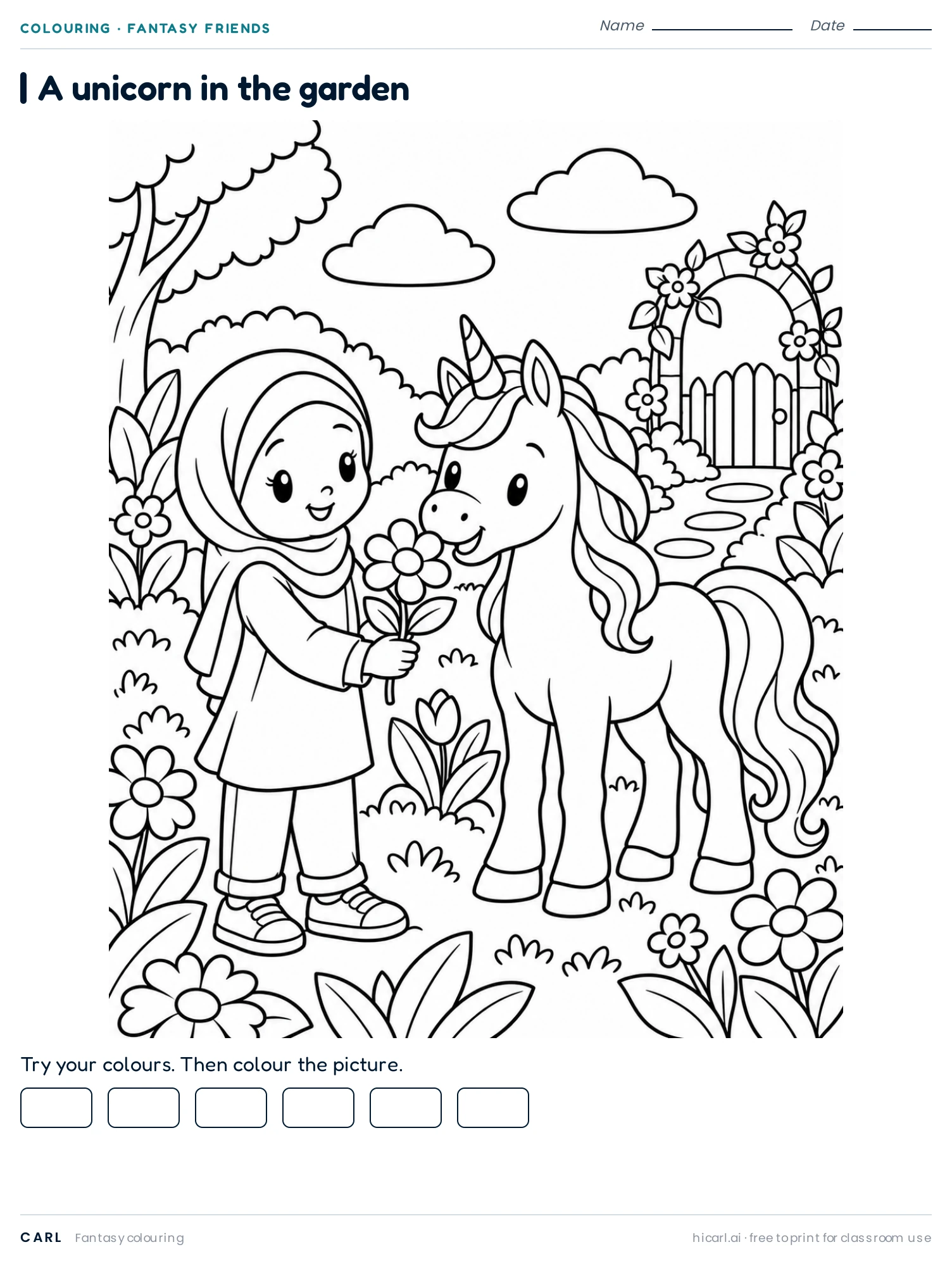 Unicorn Garden 1 colouring page preview