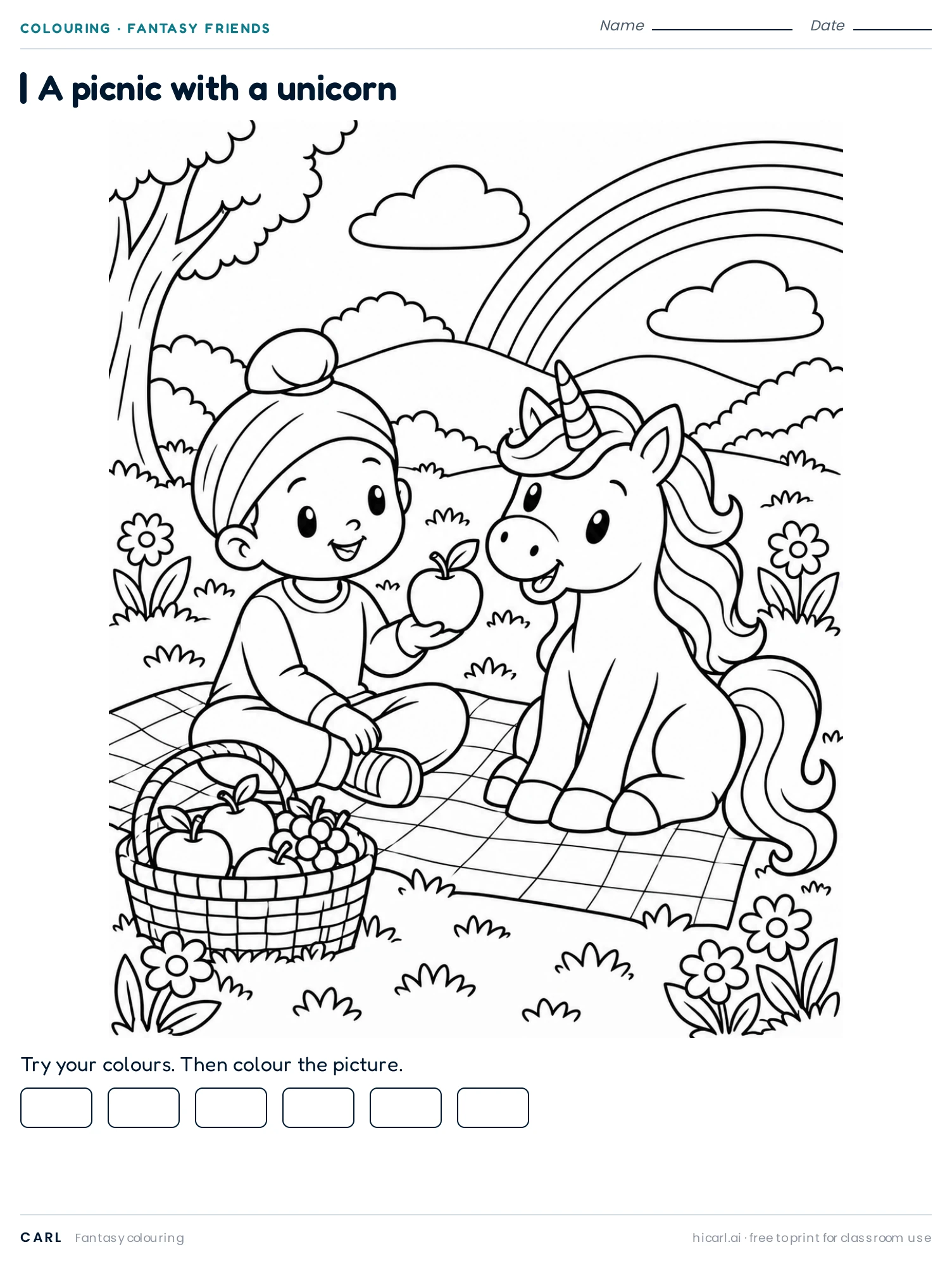 Unicorn Picnic 1 colouring page preview