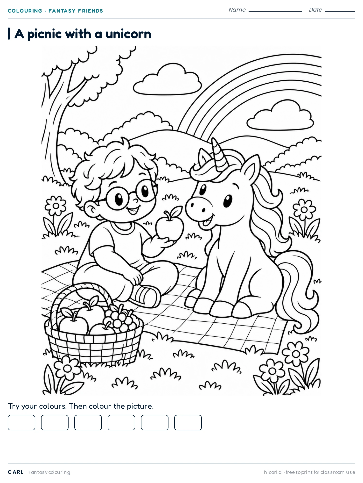 Unicorn Picnic 2 colouring page preview