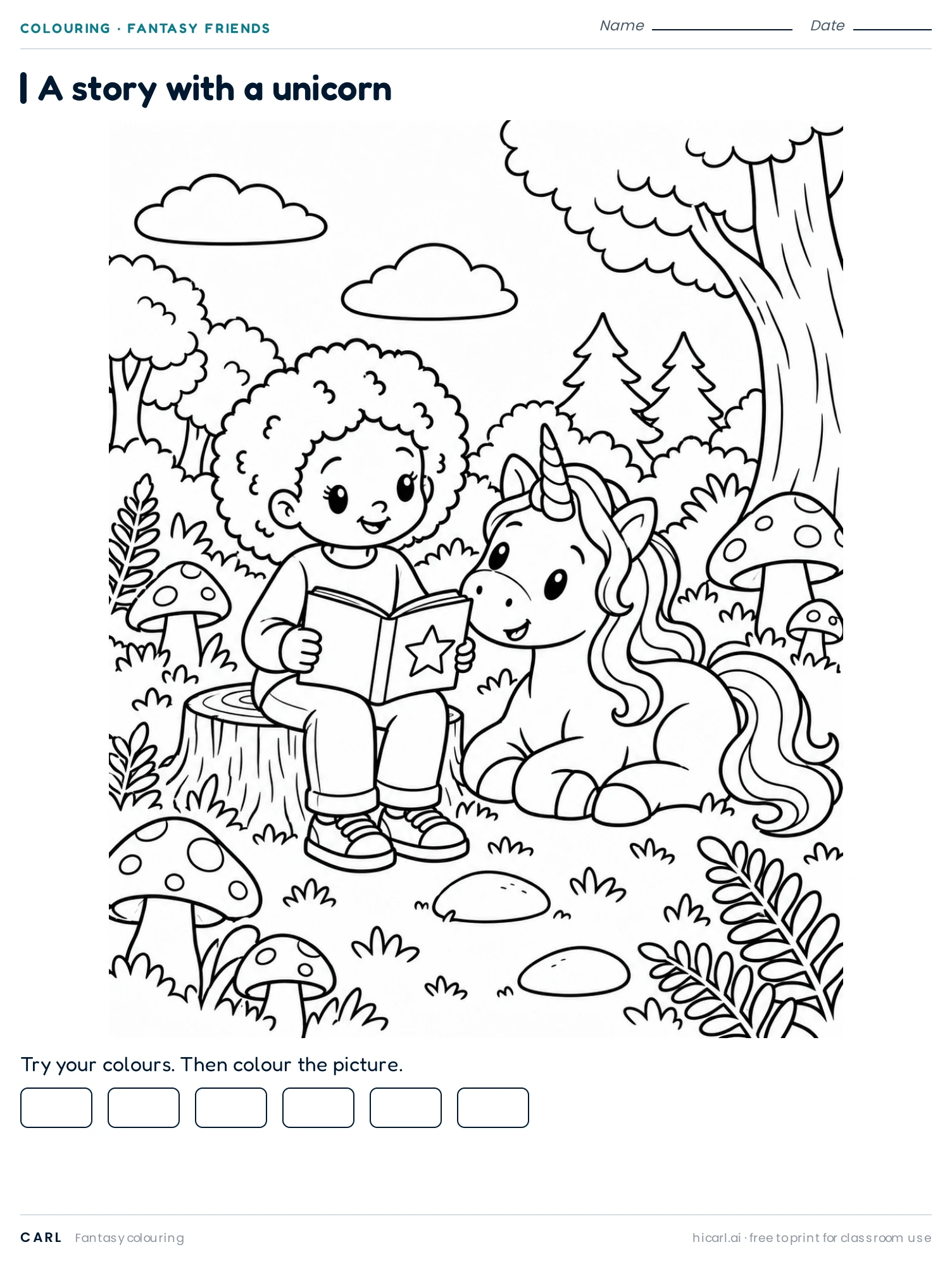 Story with a Unicorn 2 colouring page preview