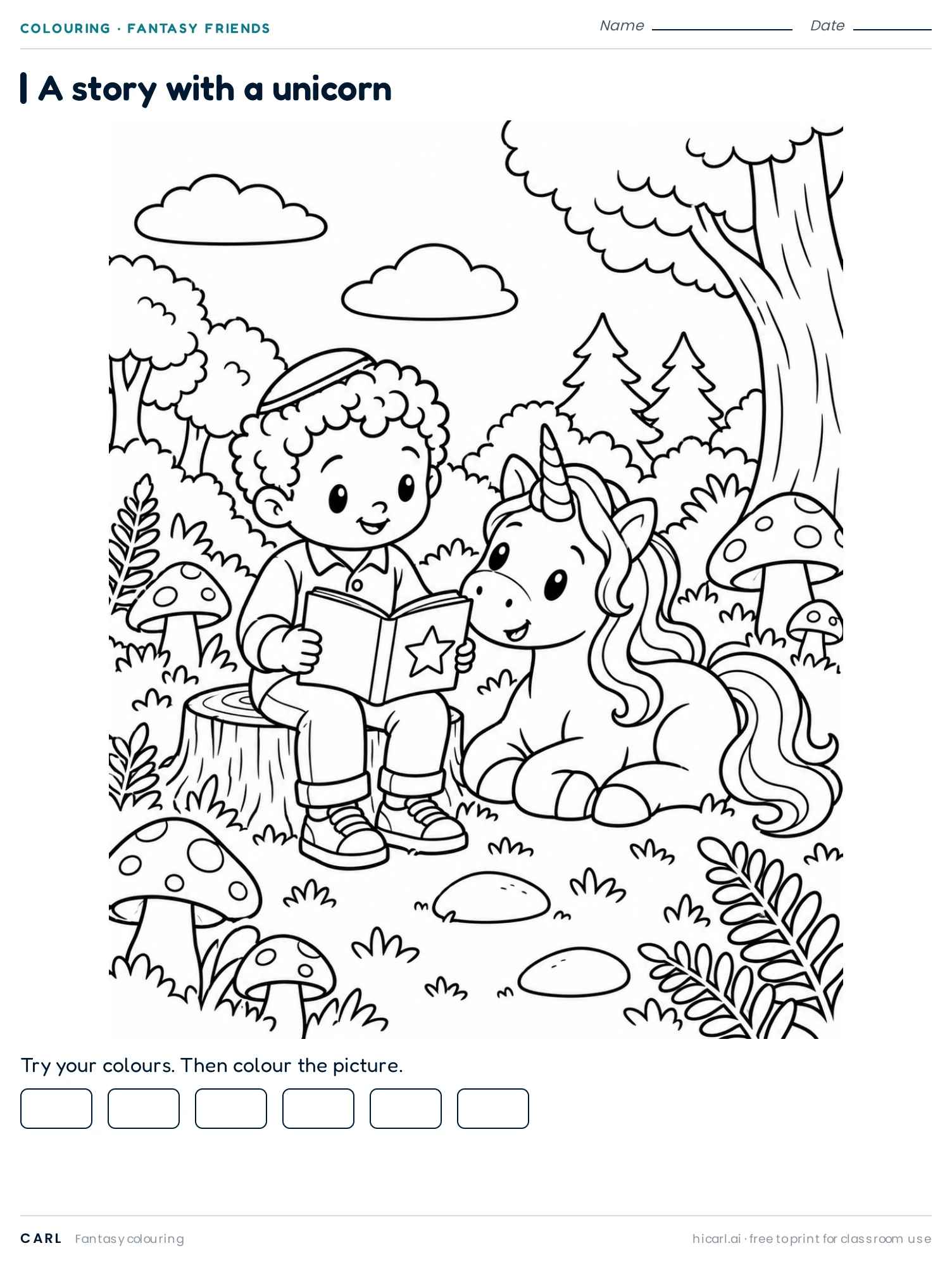 Story with a Unicorn 1 colouring page preview