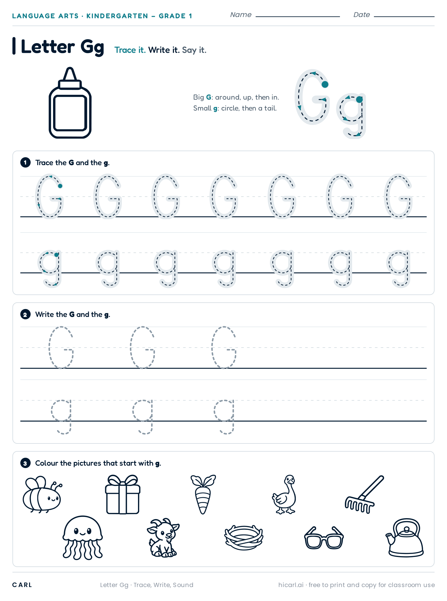 Letter Gg worksheet preview