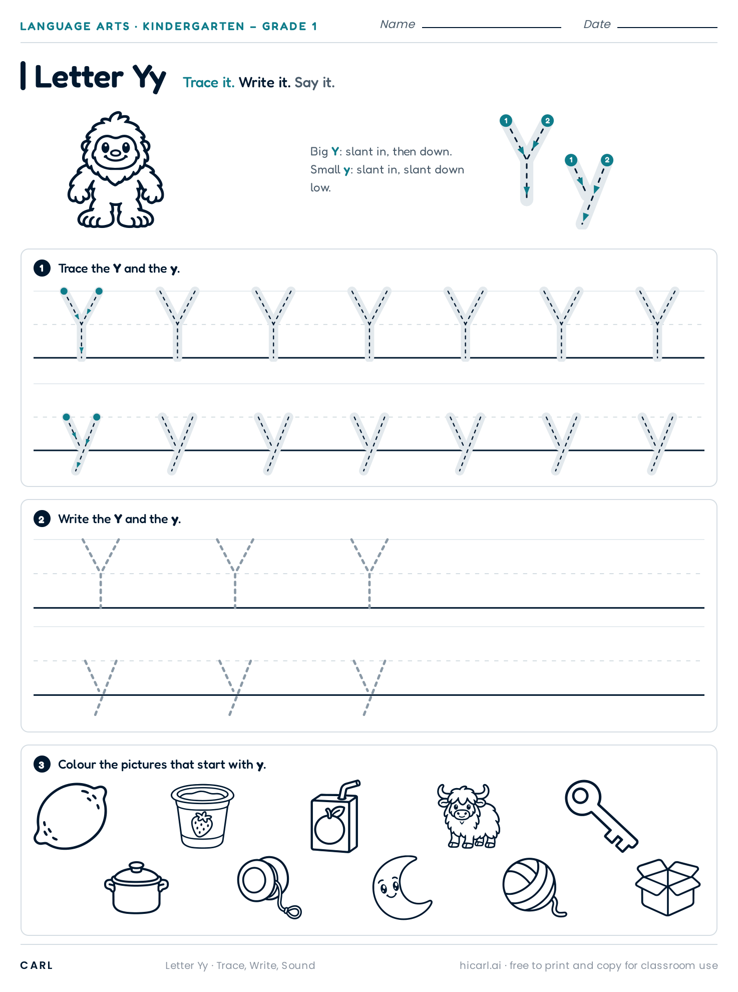 Letter Yy worksheet preview