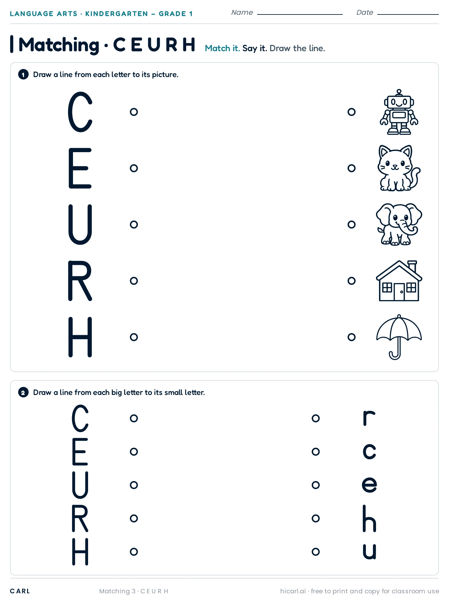 C E U R H matching worksheet preview
