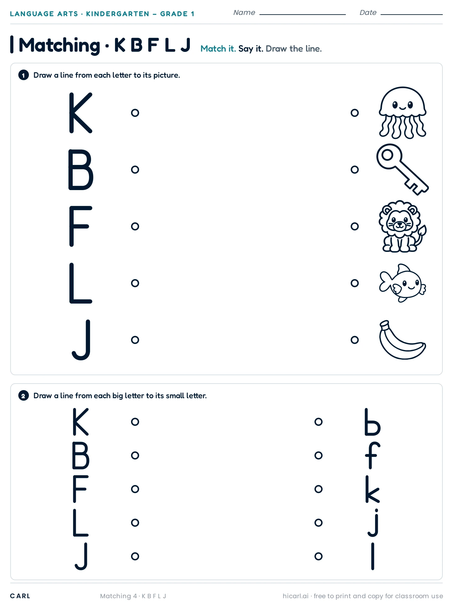 K B F L J matching worksheet preview