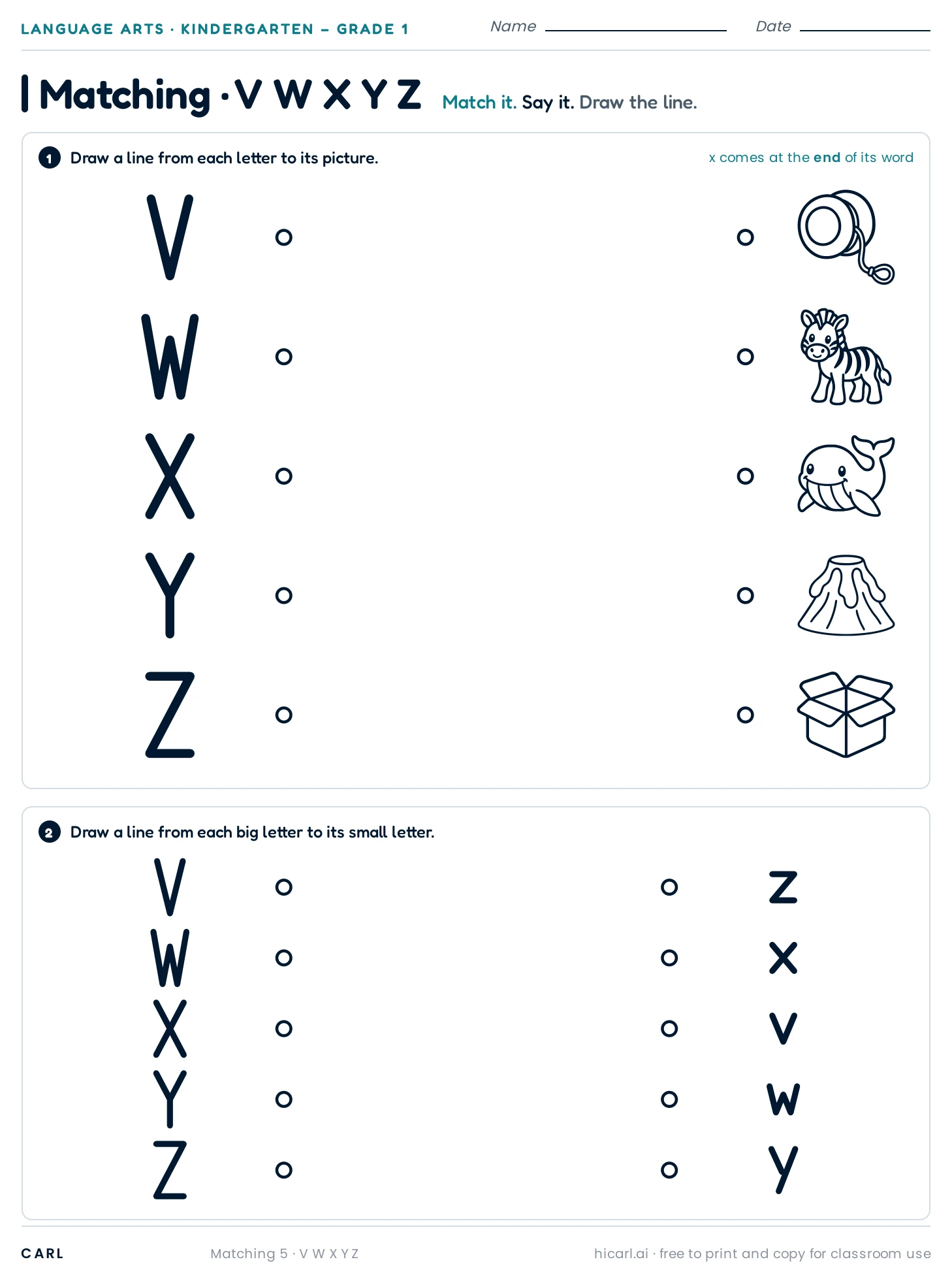 V W X Y Z matching worksheet preview