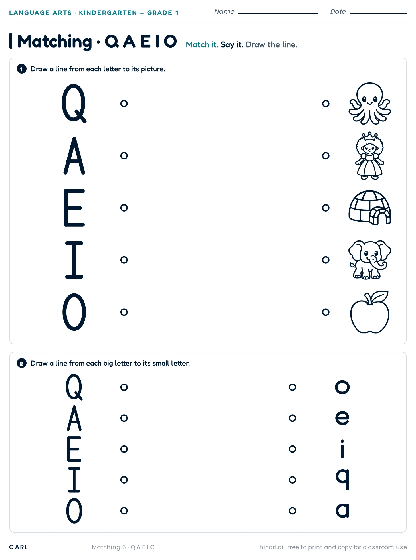 Q A E I O matching worksheet preview