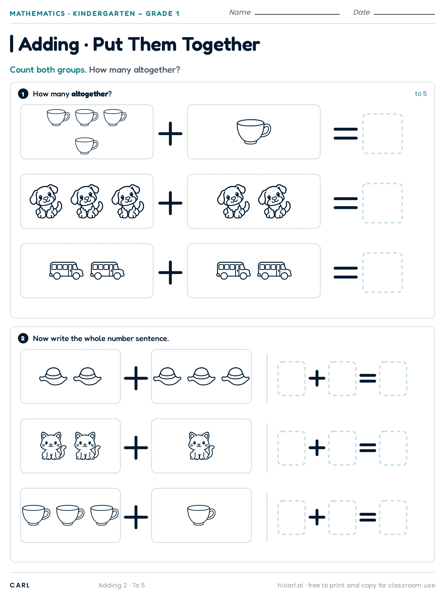 Addition to 5, sheet 2 preview