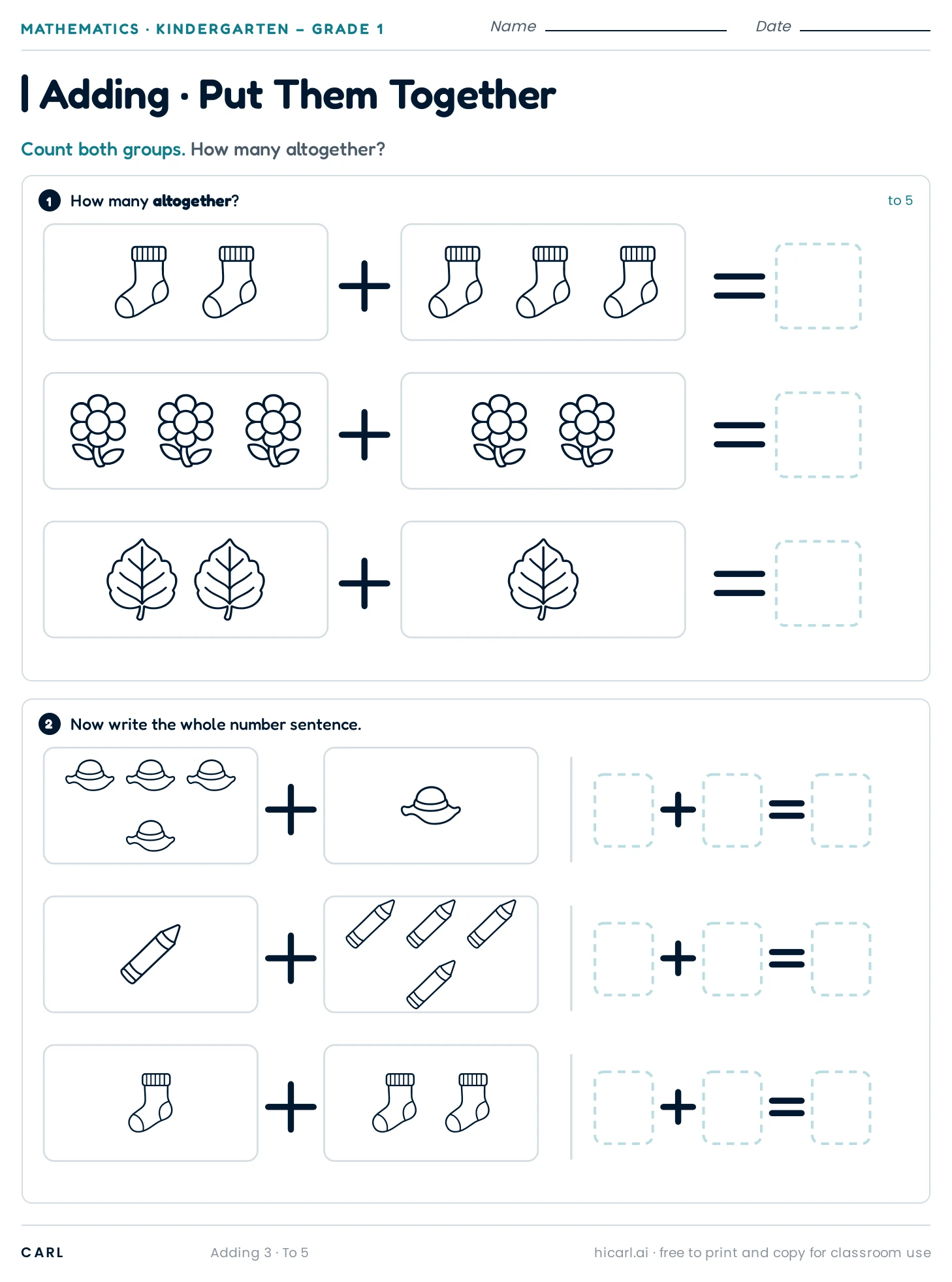 Addition to 5, sheet 3 preview