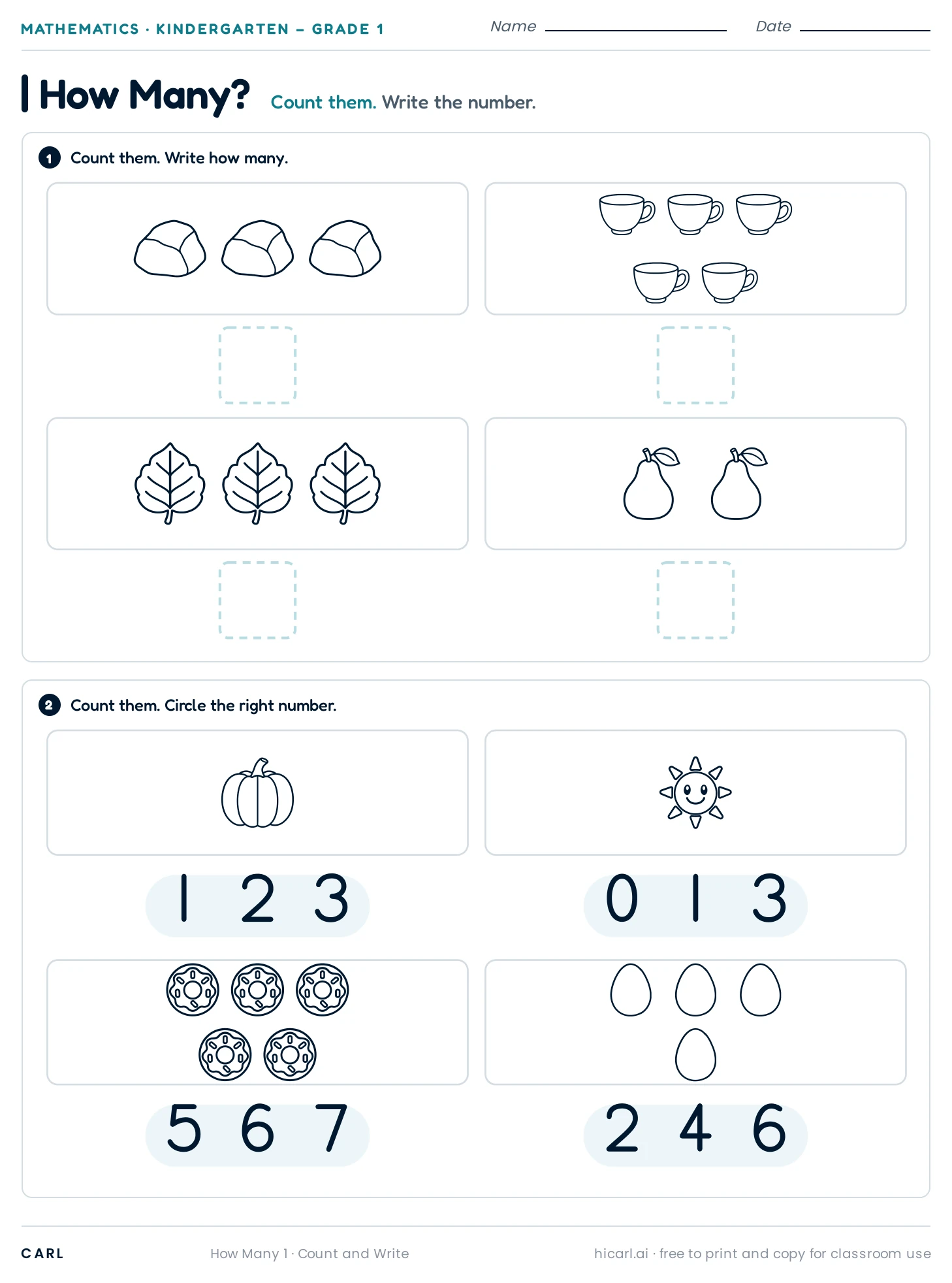 Count and write, sheet 1 preview