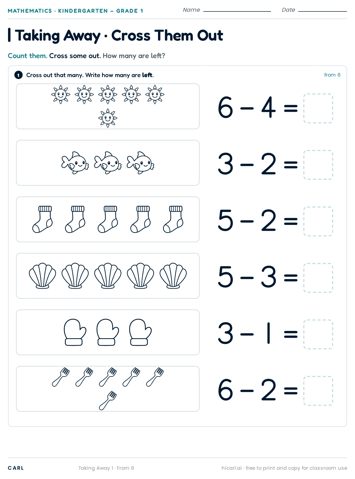 Subtraction within 6, sheet 1 preview