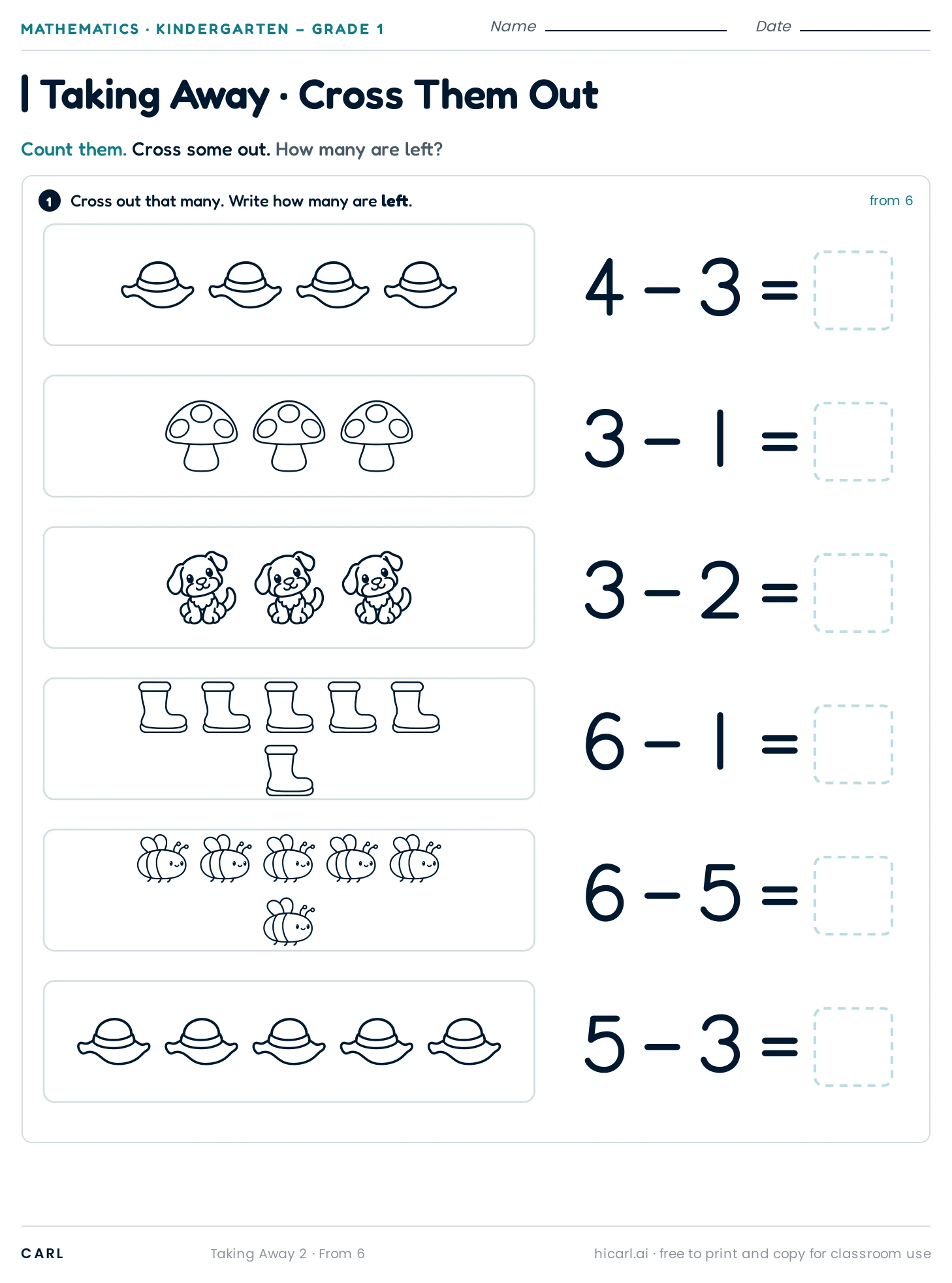 Subtraction within 6, sheet 2 preview