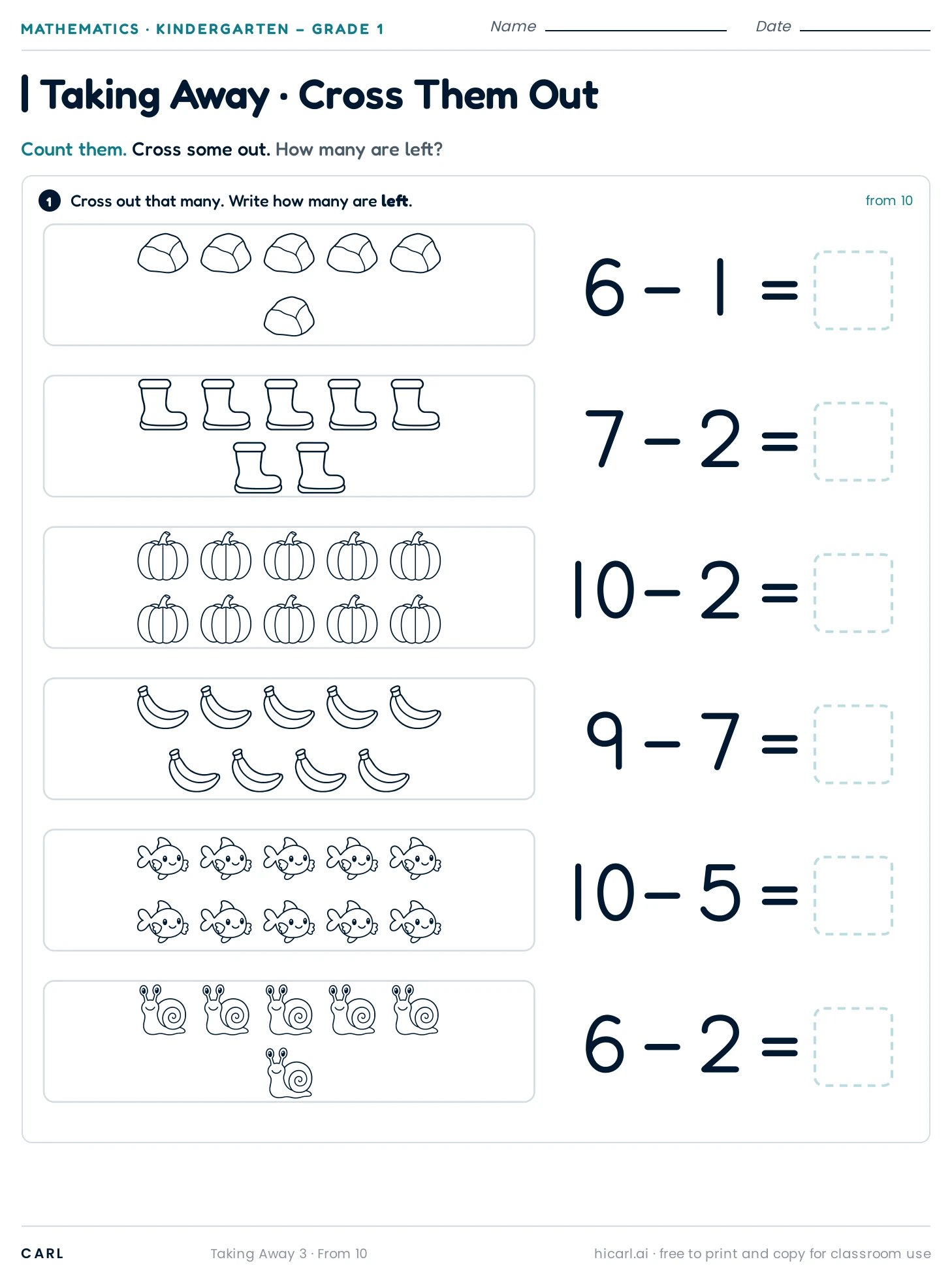 Subtraction within 10, sheet 3 preview
