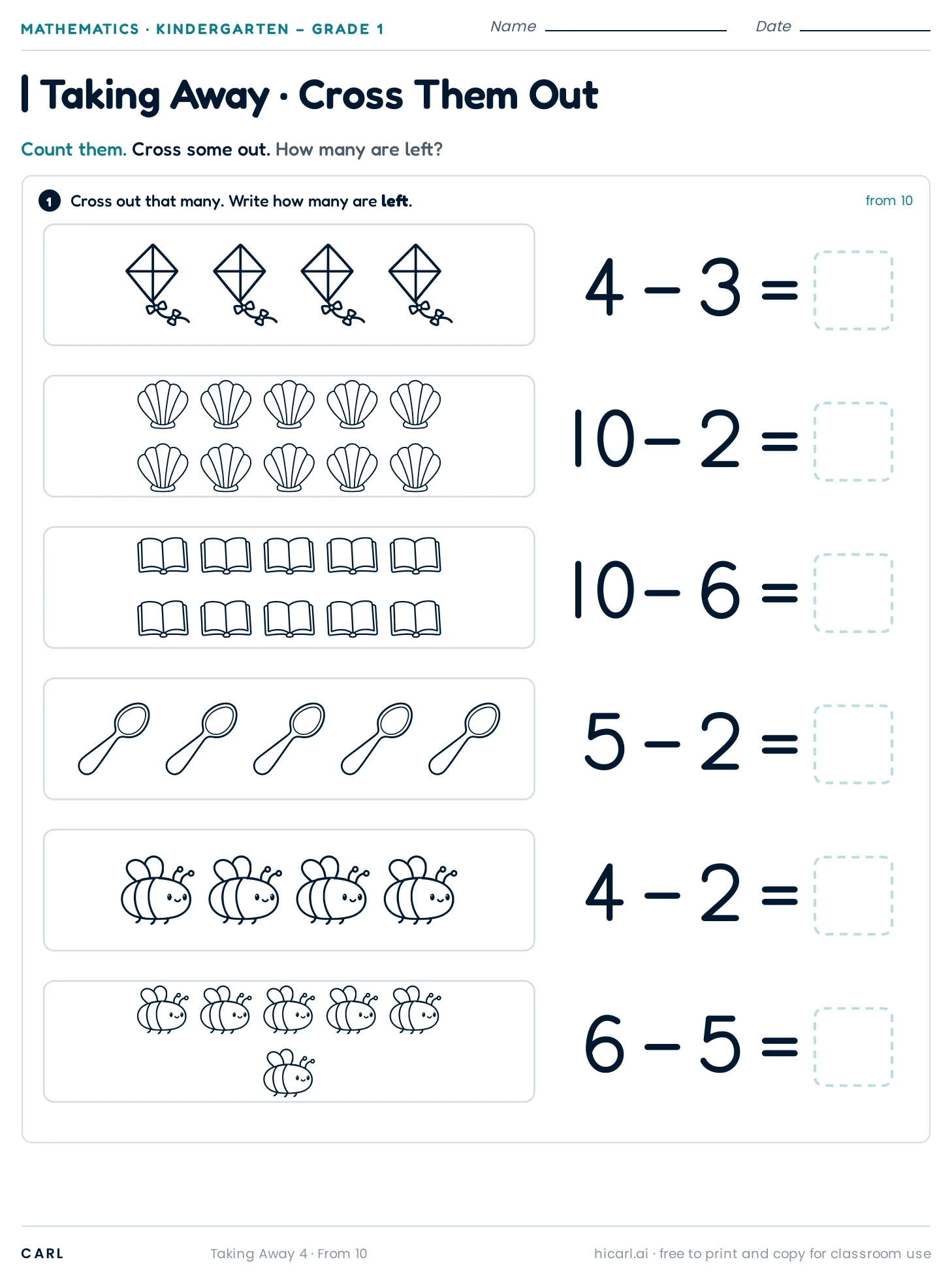 Subtraction within 10, sheet 4 preview