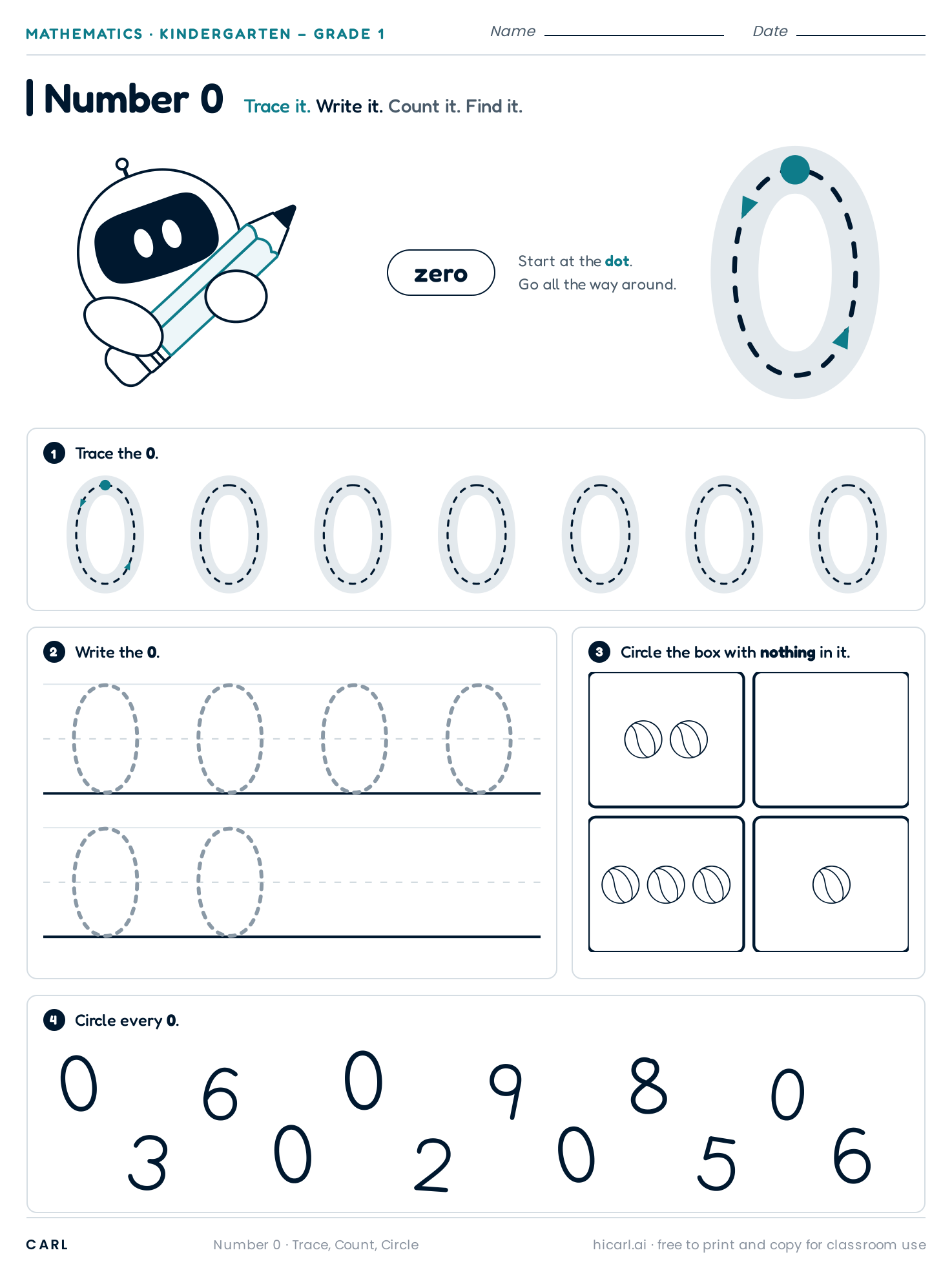 Number 0 (zero) worksheet preview