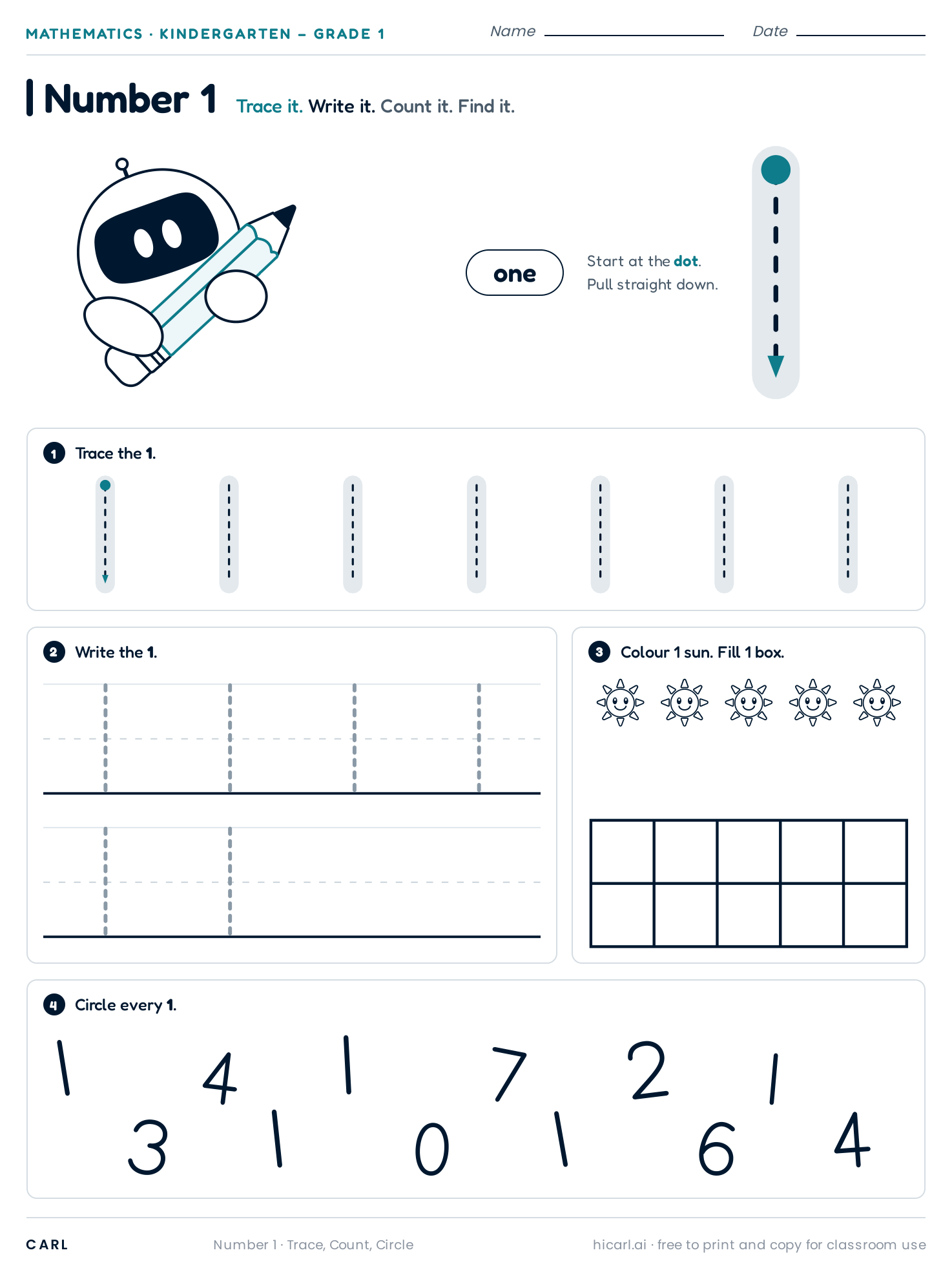 Number 1 (one) worksheet preview