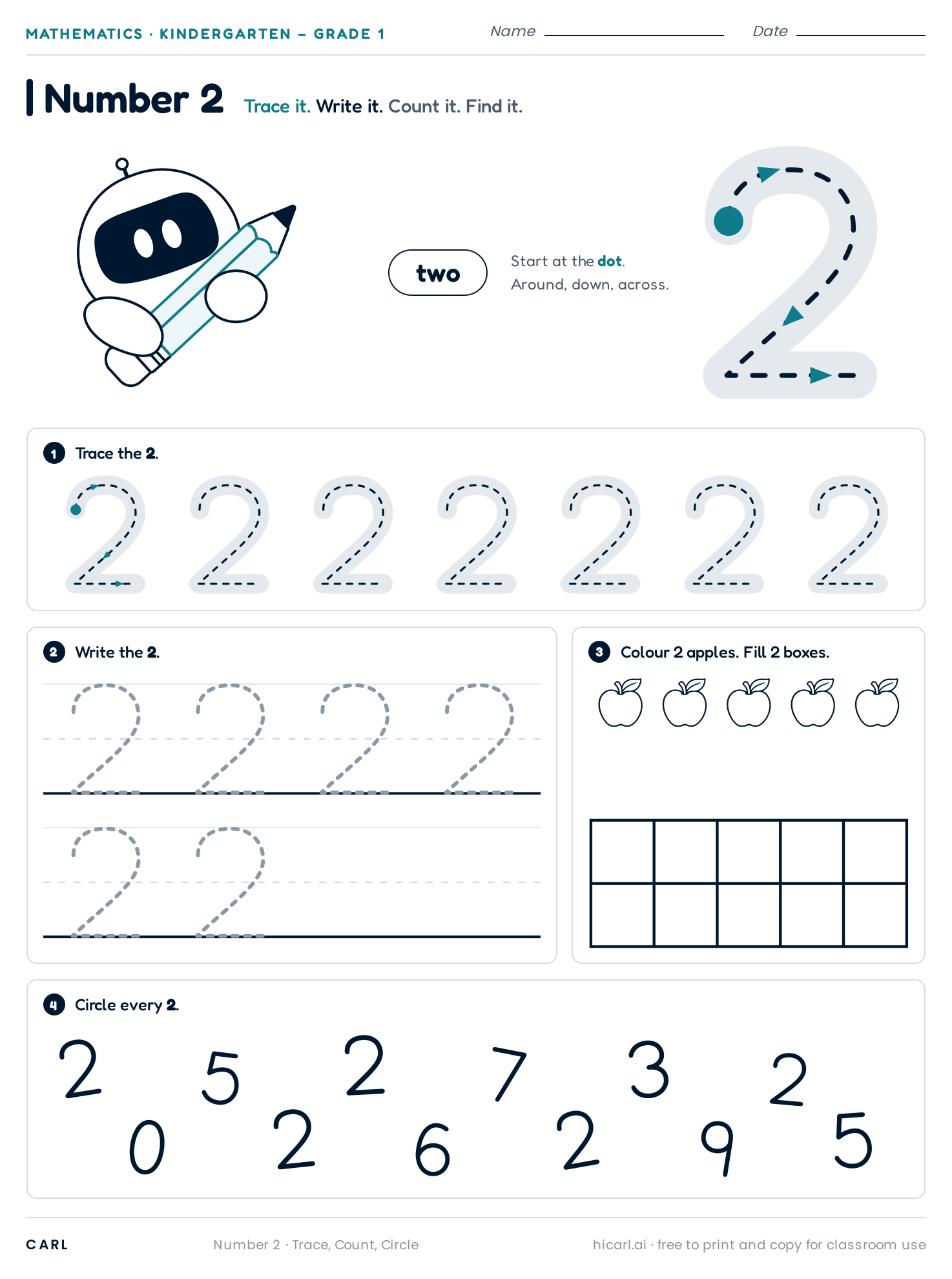 Number 2 (two) worksheet preview