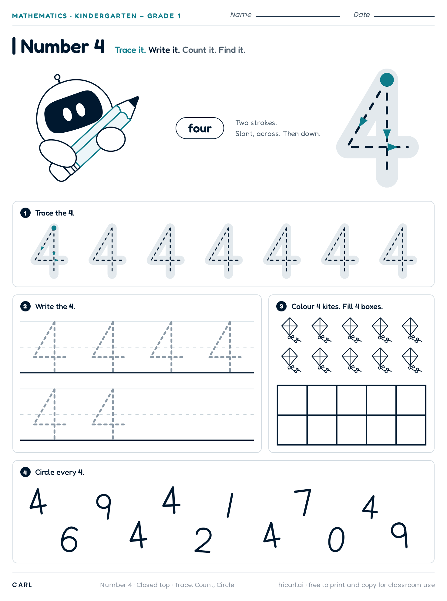 Number 4 (four) worksheet, closed top preview