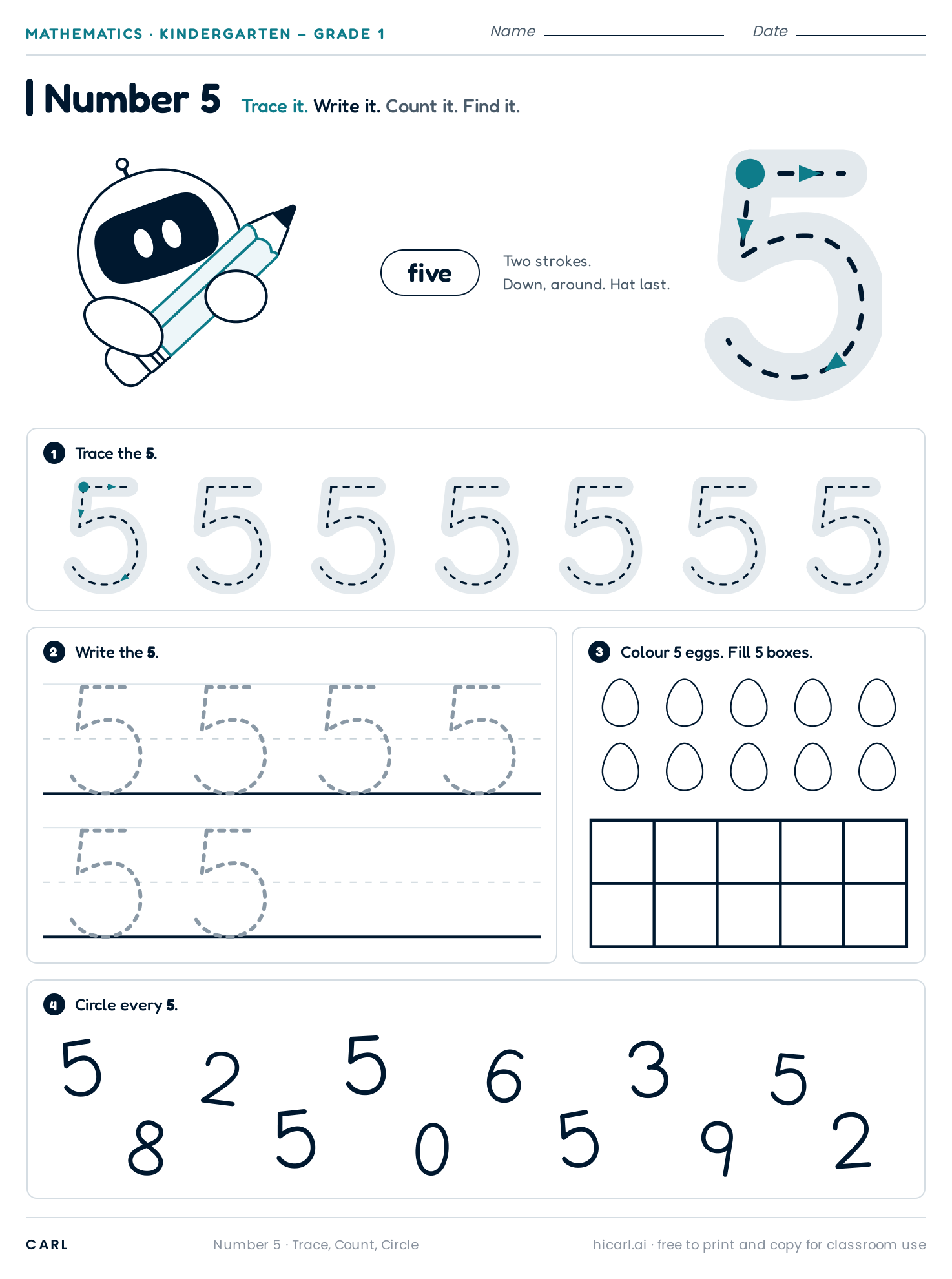 Number 5 (five) worksheet preview