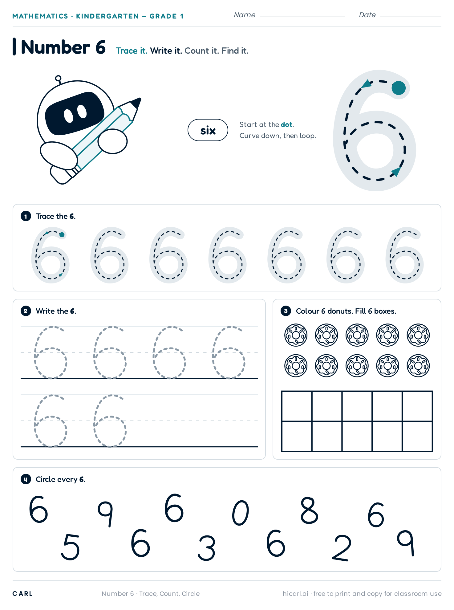 Number 6 (six) worksheet preview