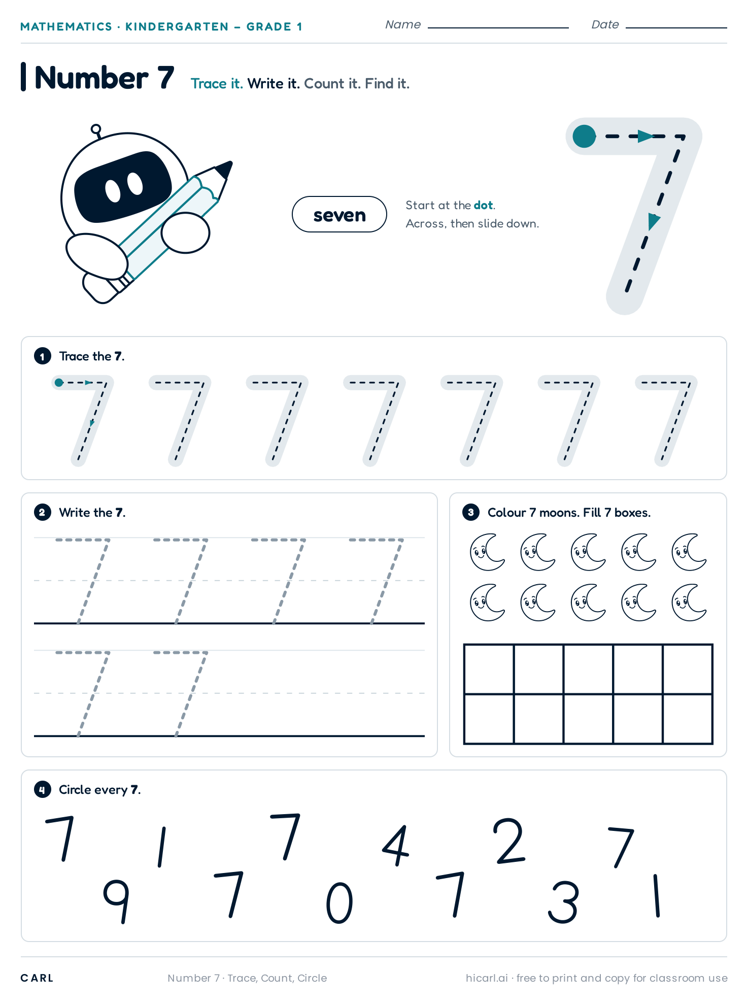 Number 7 (seven) worksheet preview