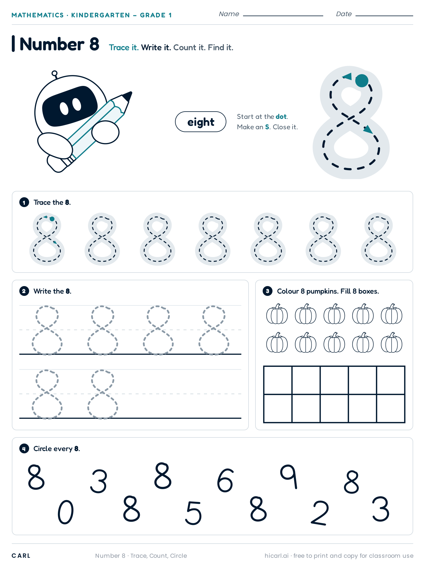 Number 8 (eight) worksheet preview