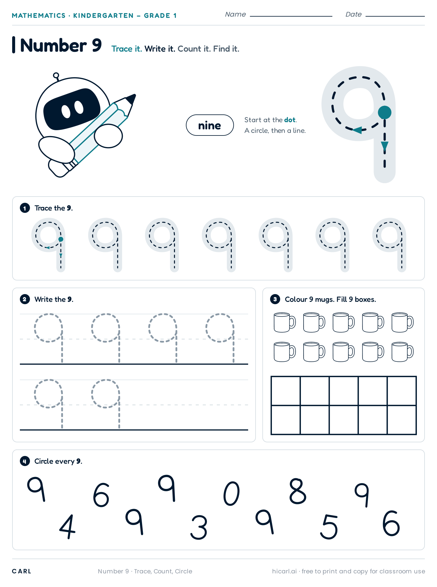 Number 9 (nine) worksheet preview