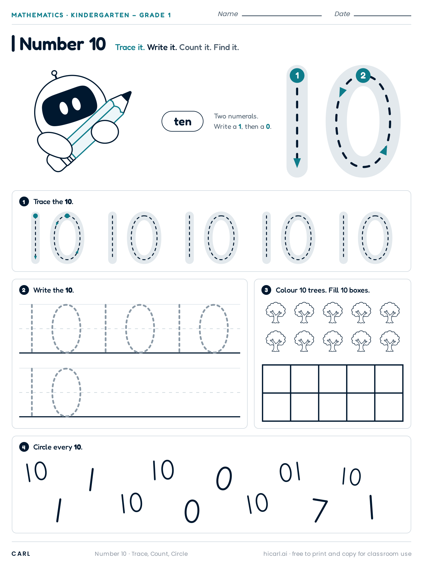 Number 10 (ten) worksheet preview
